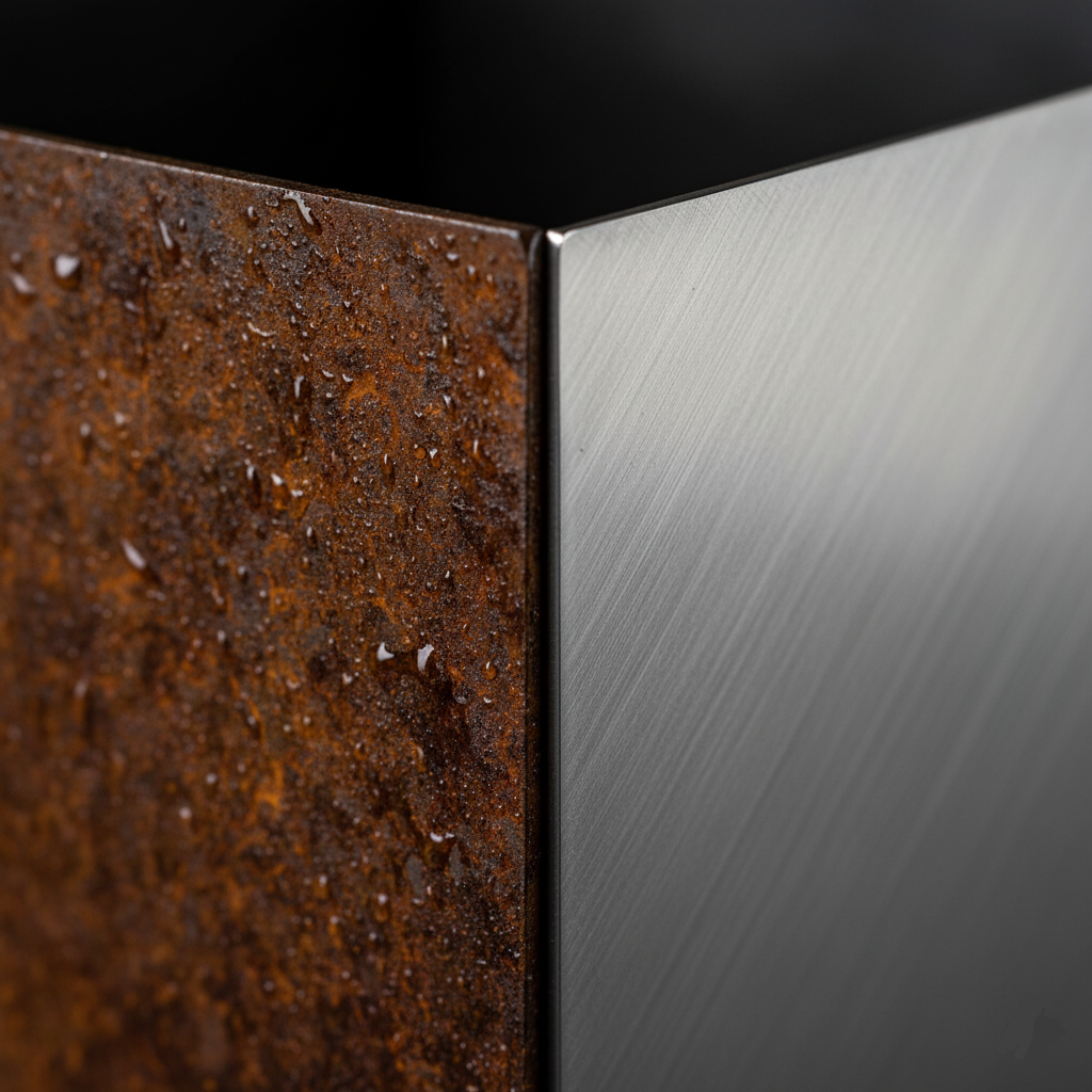 Dettaglio macro che mostra il contrasto tra due finiture metalliche di alta qualità: la texture rugginosa dell'acciaio Corten a sinistra e l'acciaio Inox satinato a destra.