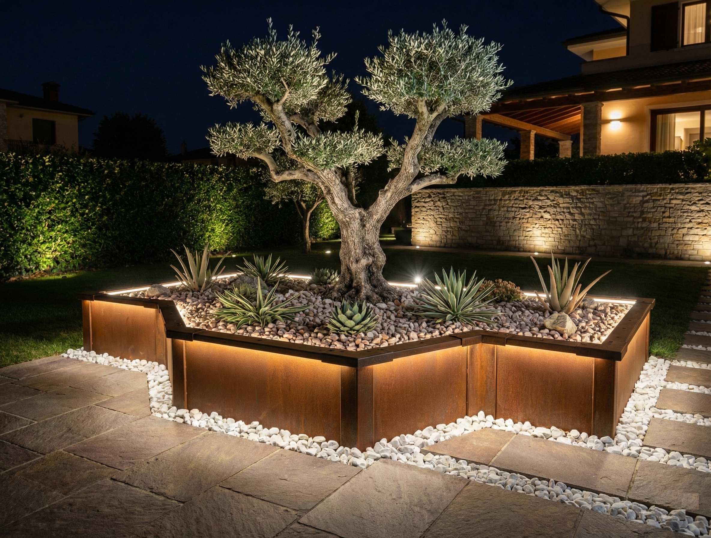 Progetto illuminotecnico outdoor con sistema Vault, aiuola in Corten con luce integrata per resort, hotel e spazi eventi notturni