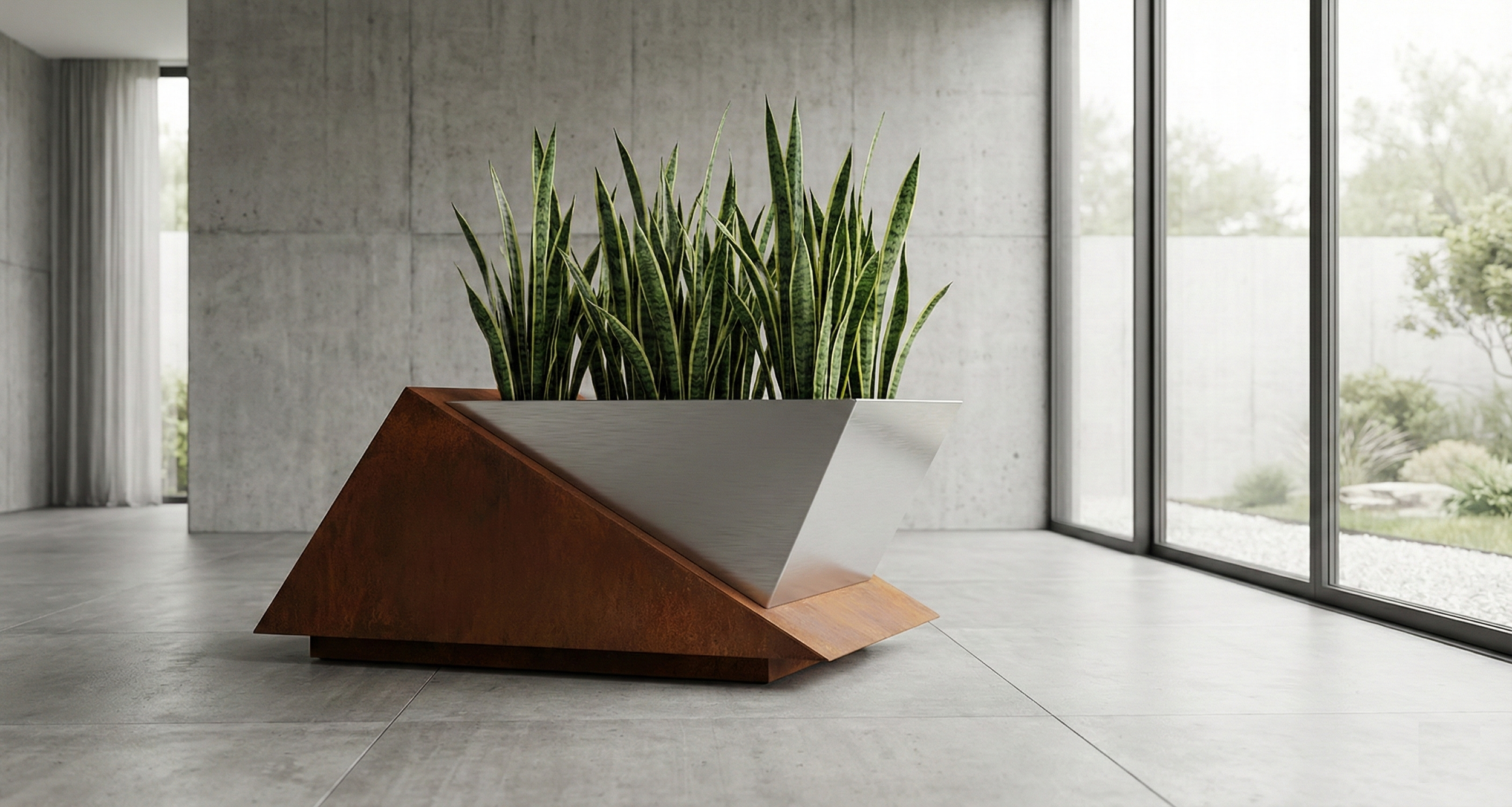 Fioriera architettonica modello Truss combinata Corten e acciaio inox finitura spazzolata, elemento di arredo urbano resistente per progetti contract e landscape