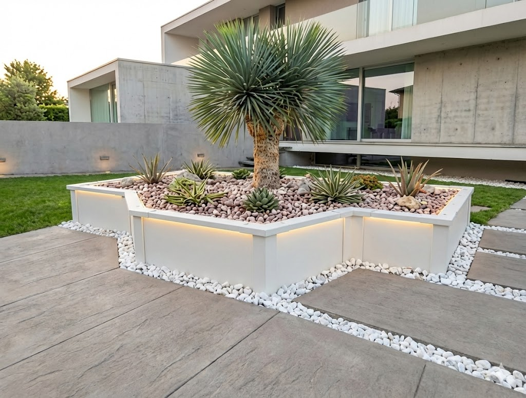 Sistema modulare Vault finitura verniciato bianco, aiuola geometrica customizzabile per progetti di architettura e outdoor living