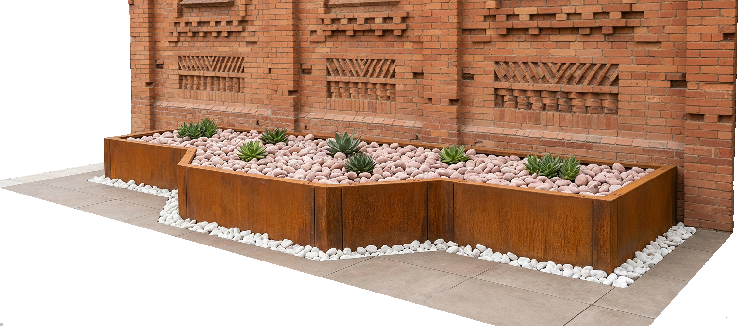 "Sistema modulare di fioriere 'Vault' in acciaio Corten, composto da elementi esagonali uniti per creare un'aiuola rialzata, qui riempita con ghiaia bianca e piante grasse, posizionata contro una parete decorativa."