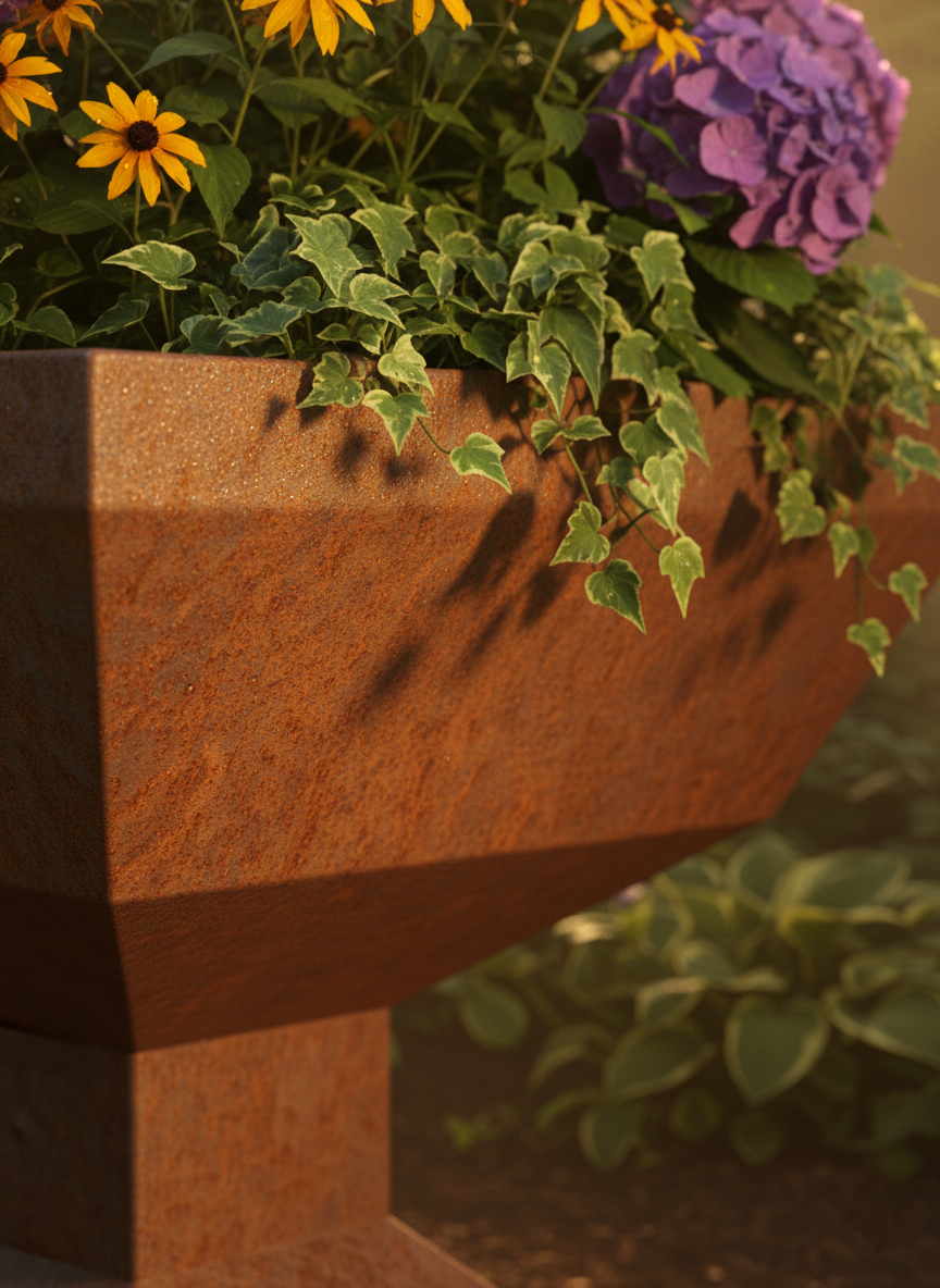 Particolare finitura acciaio Corten fioriera Keystone, close-up sulla patinatura protettiva e sulla geometria svasata per progetti landscape