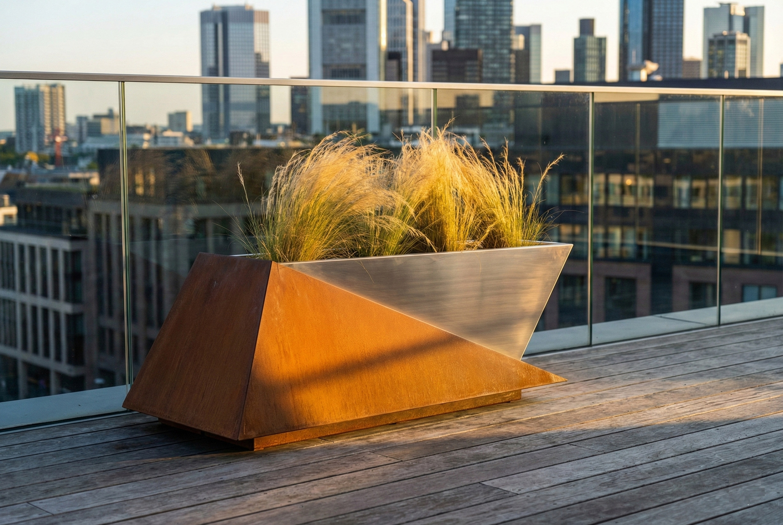 Fioriera di design Truss in Corten e acciaio inox su terrazza panoramica al tramonto, vaso moderno di lusso per roof garden e outdoor urban chic