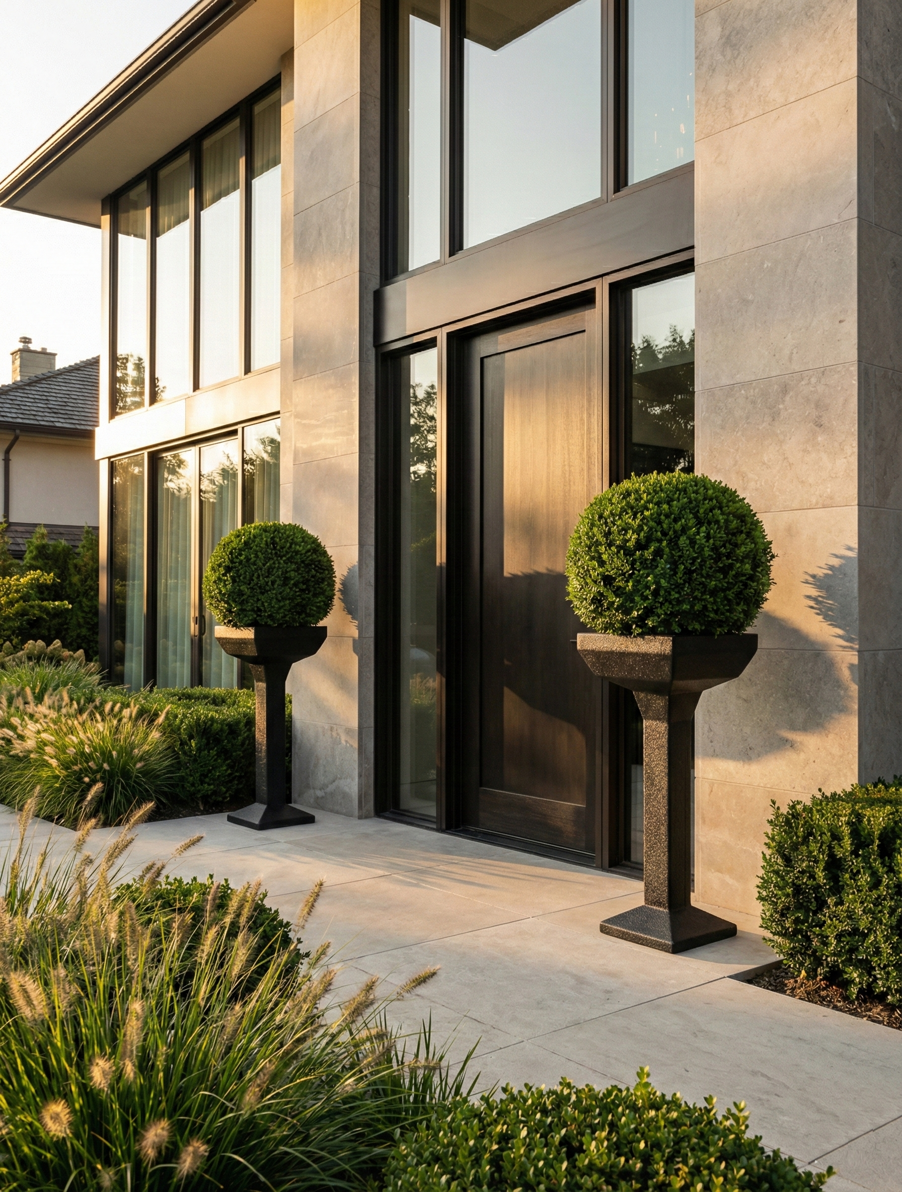 Vaso a colonna alto e slanciato modello Pylon, con base svasata e testa quadrata, posizionato in un contesto architettonico elegante.