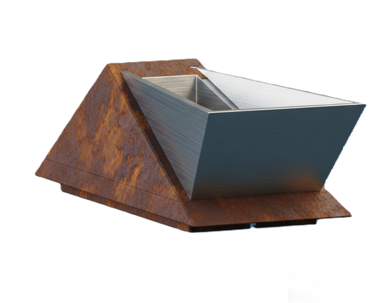 "Fioriera Truss dal design geometrico moderno, composta da una struttura angolare in acciaio Corten ossidato che avvolge un inserto centrale in acciaio Inox satinato."