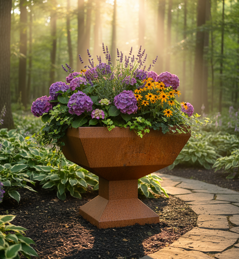 Fioriera scenografica Keystone in Corten con fiori viola e gialli su vialetto in pietra, vaso da giardino rustico-chic immerso nella natura e nel sole