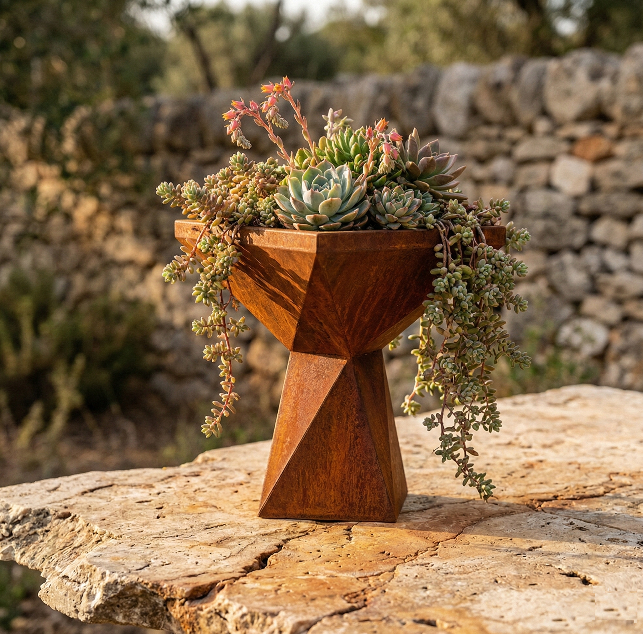 Vaso Capital in acciaio Corten dal design robusto ispirato a un capitello classico, con ampia base quadrata e piante verdi rigogliose.