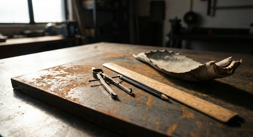 Dettaglio atelier creativo Metaflor: compasso e matita su acciaio grezzo, il processo artigianale di trasformazione della materia in fioriere di design.