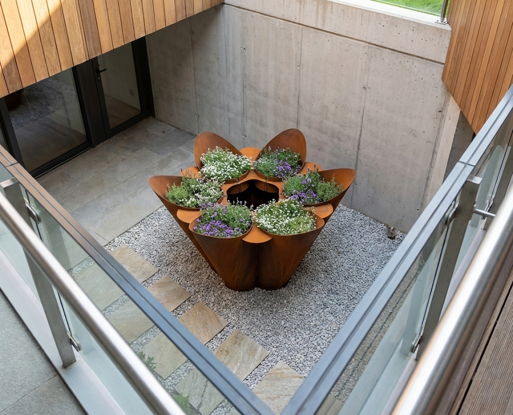 Esempio di valorizzazione spazi outdoor: fioriera geometrica Arch che trasforma un angolo vuoto in giardino, unendo rigore strutturale e natura organica