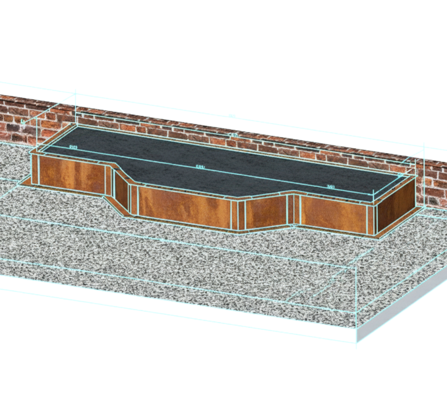 Rendering tecnico 3D di un'aiuola rialzata modulare in acciaio Corten posizionata lungo un muro, esempio di file CAD/BIM disponibile per il download.