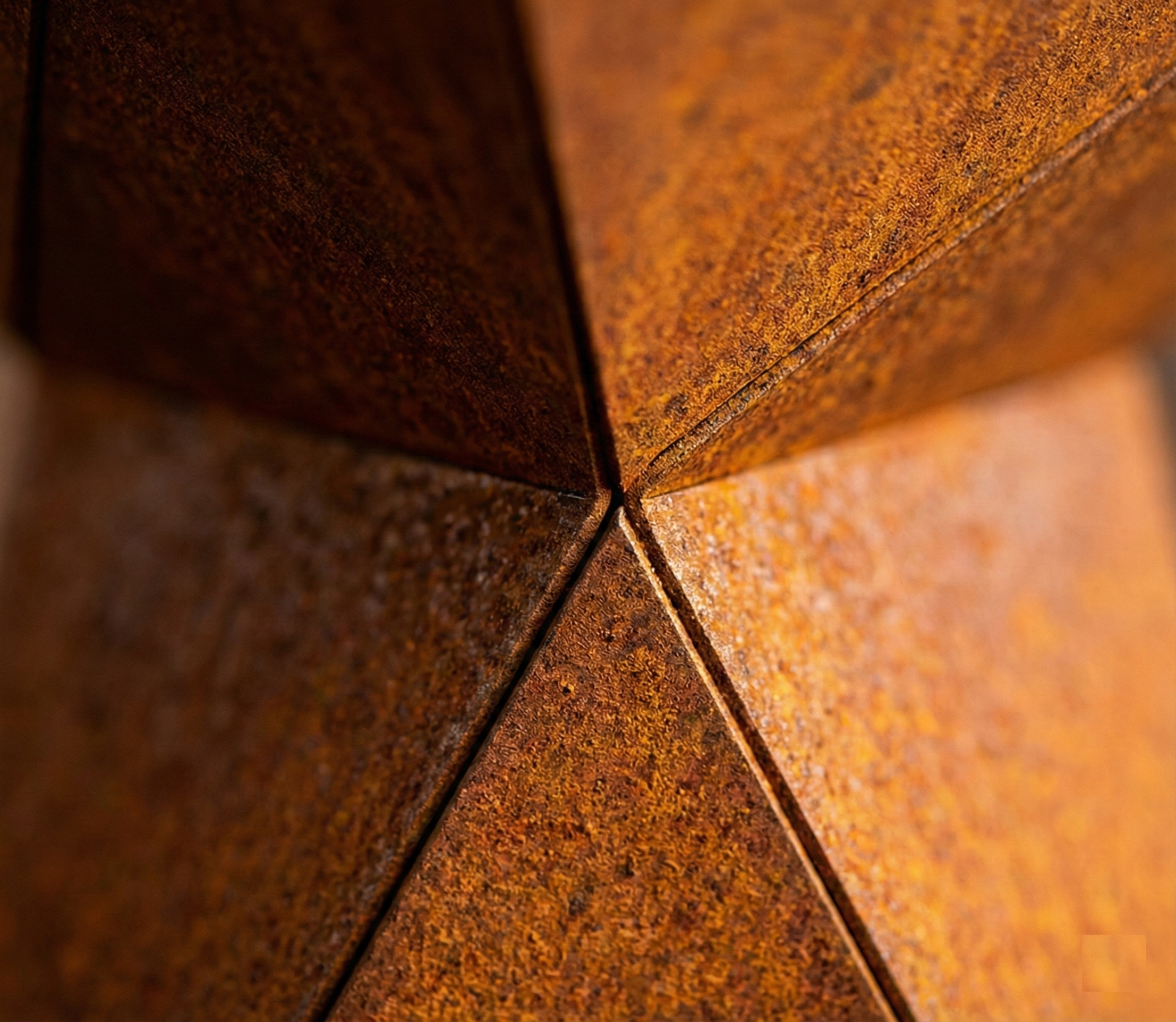 Close-up finitura e piegatura lamiera acciaio Corten fioriera Capital, dettaglio tecnico qualità costruttiva Made in Italy