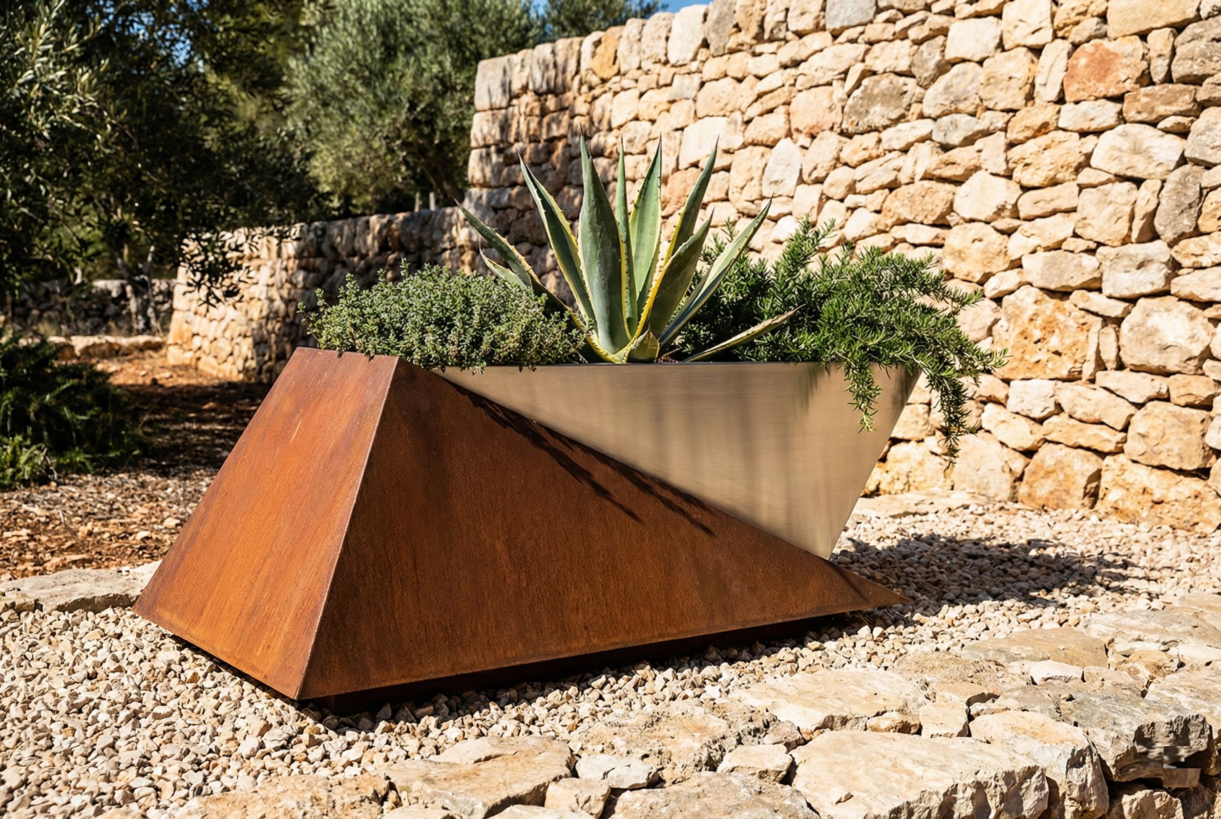 Vaso moderno Truss che combina acciaio Corten ruggine e profili in acciaio Inox lucido, caratterizzato da linee squadrate e geometriche.