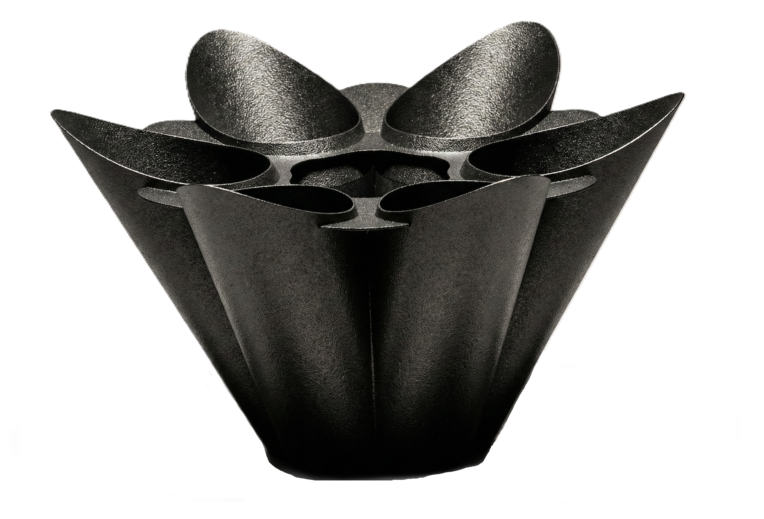 Vaso scultoreo nero modello Arch by Metaflor, fioriera di design artistico a forma di fiore stilizzato per arredamento moderno e audace