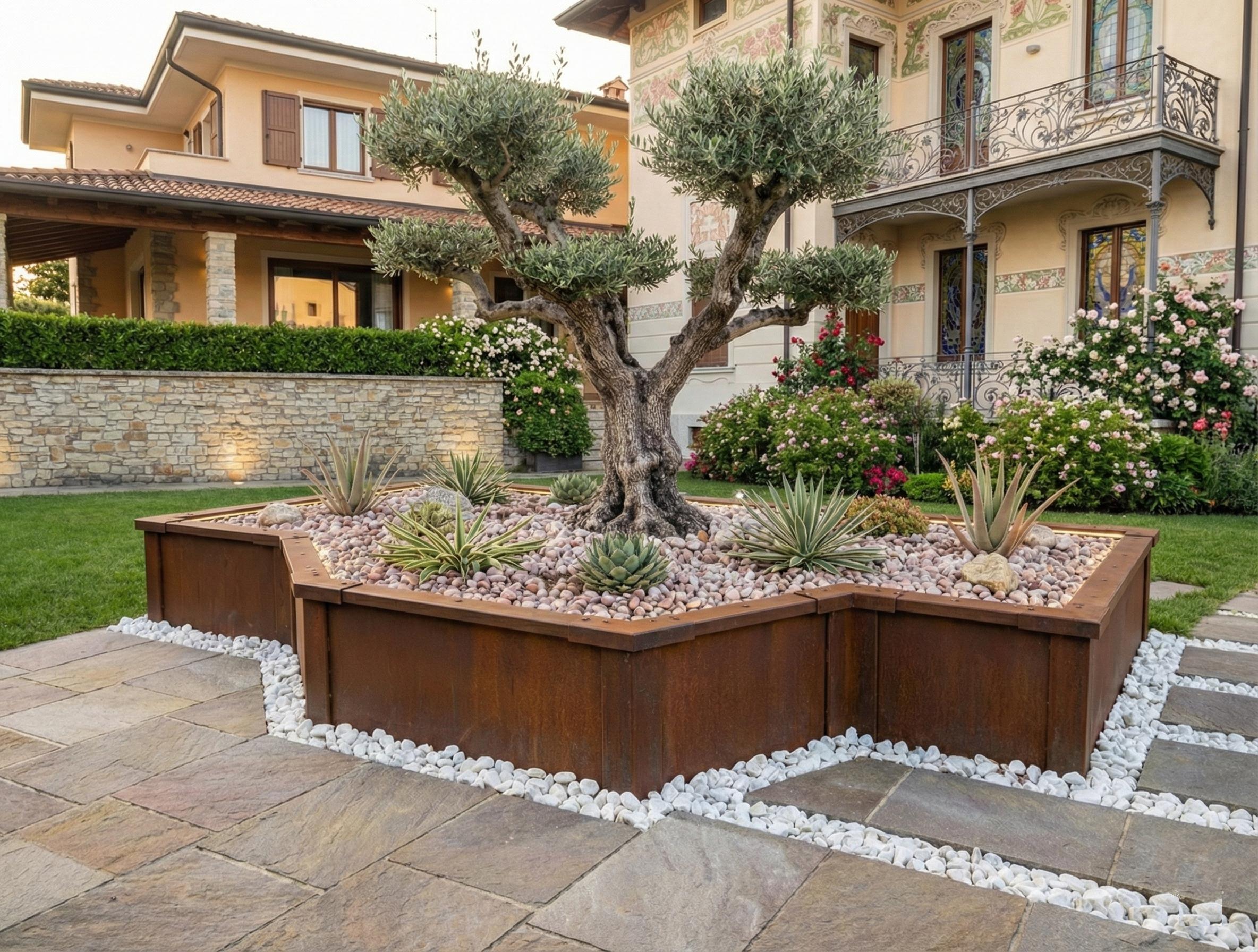 Grande fioriera esagonale Vault in Corten attorno a un ulivo, aiuola rialzata di design per valorizzare alberi in ville private