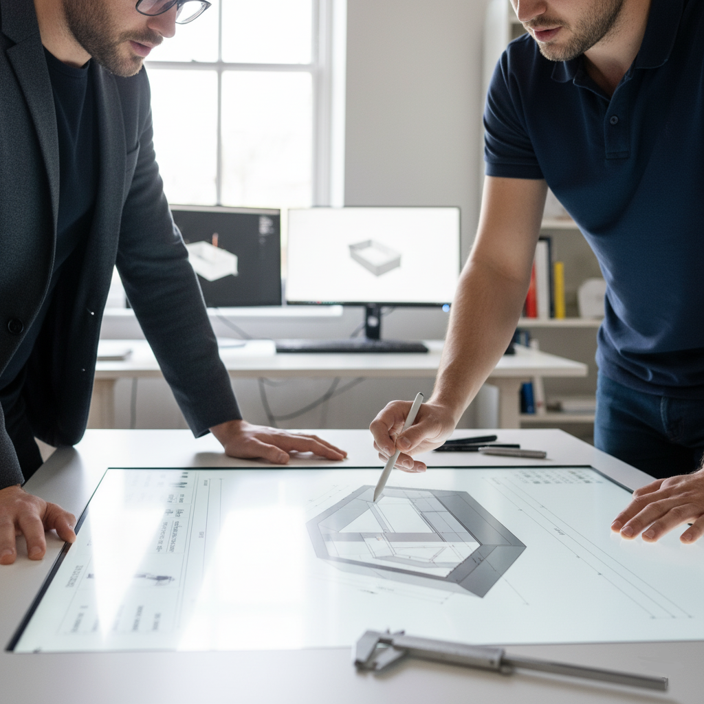 Due professionisti al lavoro su un tavolo luminoso che esaminano grandi planimetrie tecniche, illustrando il servizio di consulenza e supporto ai progettisti.