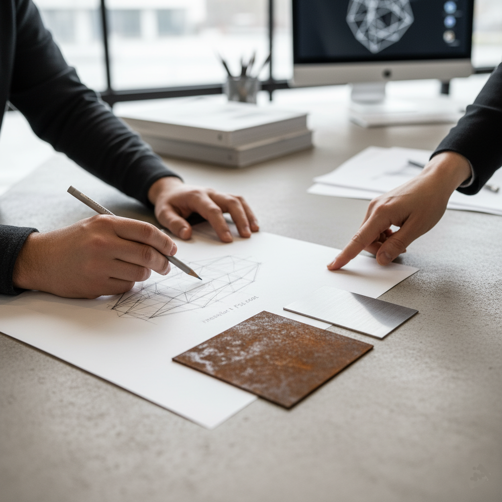 Mani di un designer che schizzano un progetto su carta, con campioni di acciaio Corten sul tavolo, rappresentando il servizio di progettazione personalizzata.