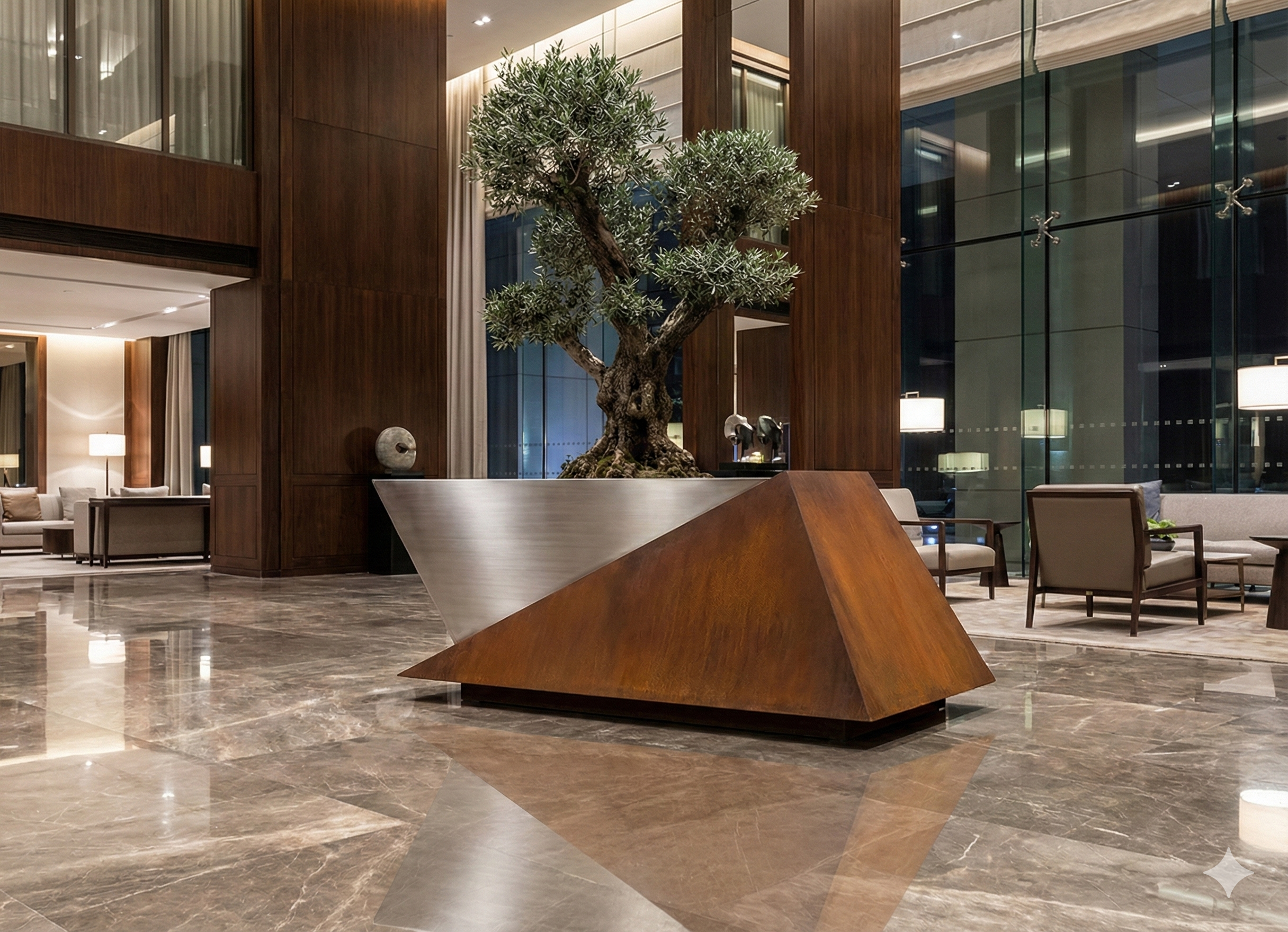 Arredo contract per hall alberghi fioriera Truss, elemento monumentale in Corten e inox satinato per progetti di luxury hospitality e reception
