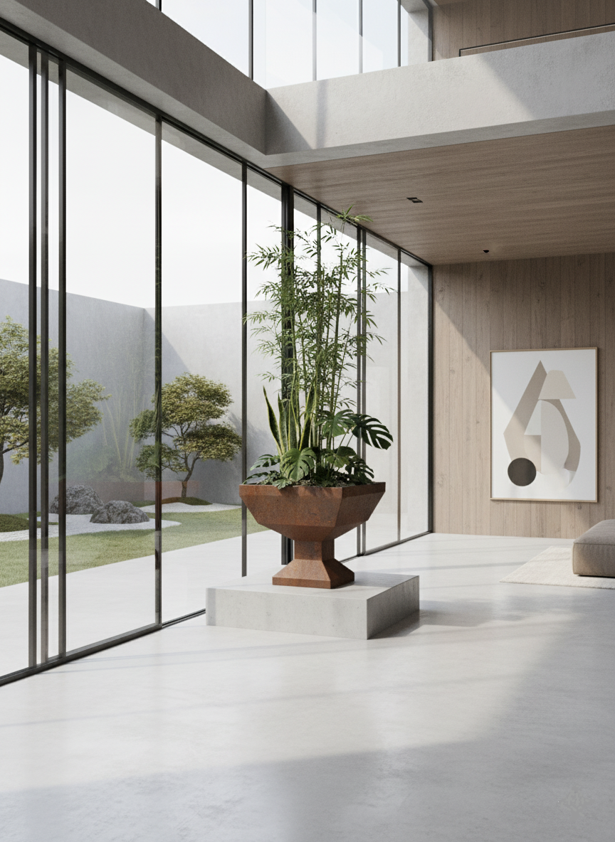 Fioriera di design Keystone in Corten per interni, vaso scultoreo protagonista in open space moderni, loft luminosi e verande di lusso.