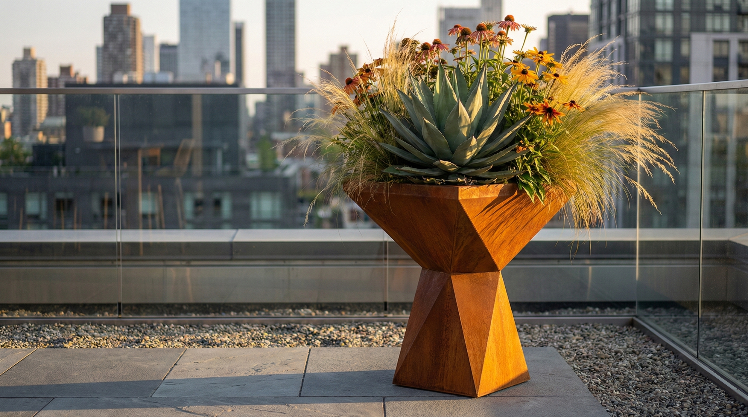 Arredo urbano per terrazze e skybar modello Capital in Corten, fioriera verticale per landscape design in contesti metropolitani