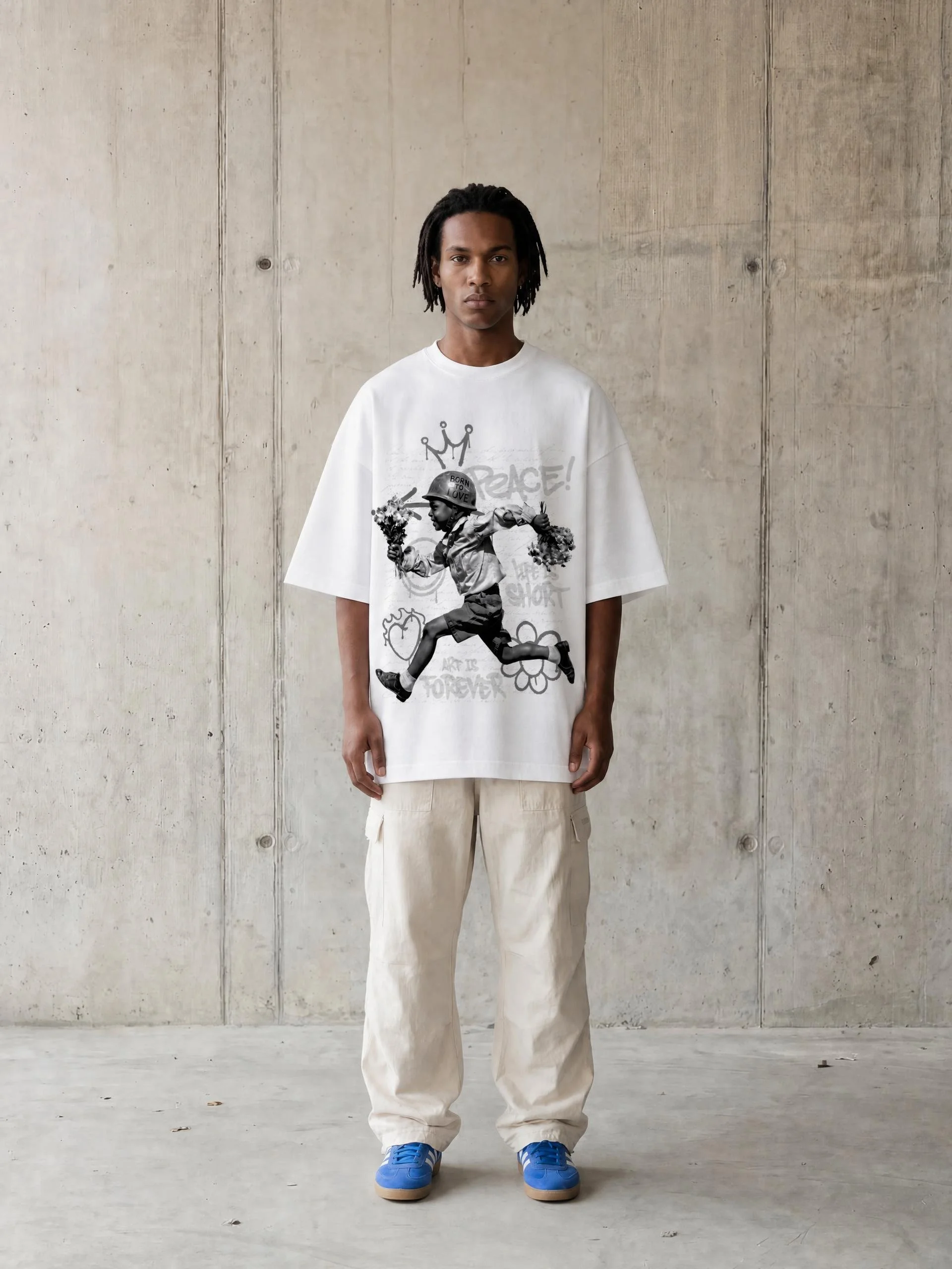 Young man standing in front of a concrete wall, wearing a white graphic T-shirt, loose beige pants, and blue sneakers.