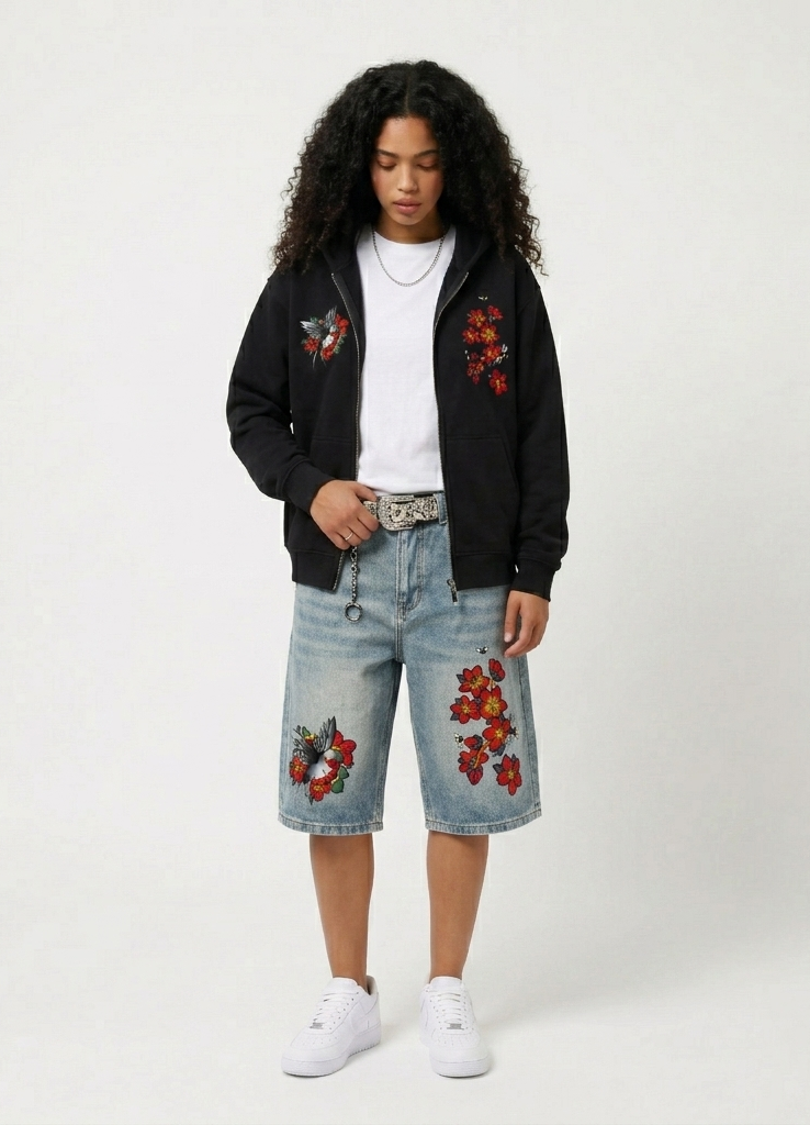 A woman wearing a black zip-up jacket with floral embroidery, white T-shirt, light denim shorts with floral and bird embroidery, white sneakers, and a chunky belt, standing against a plain white background.