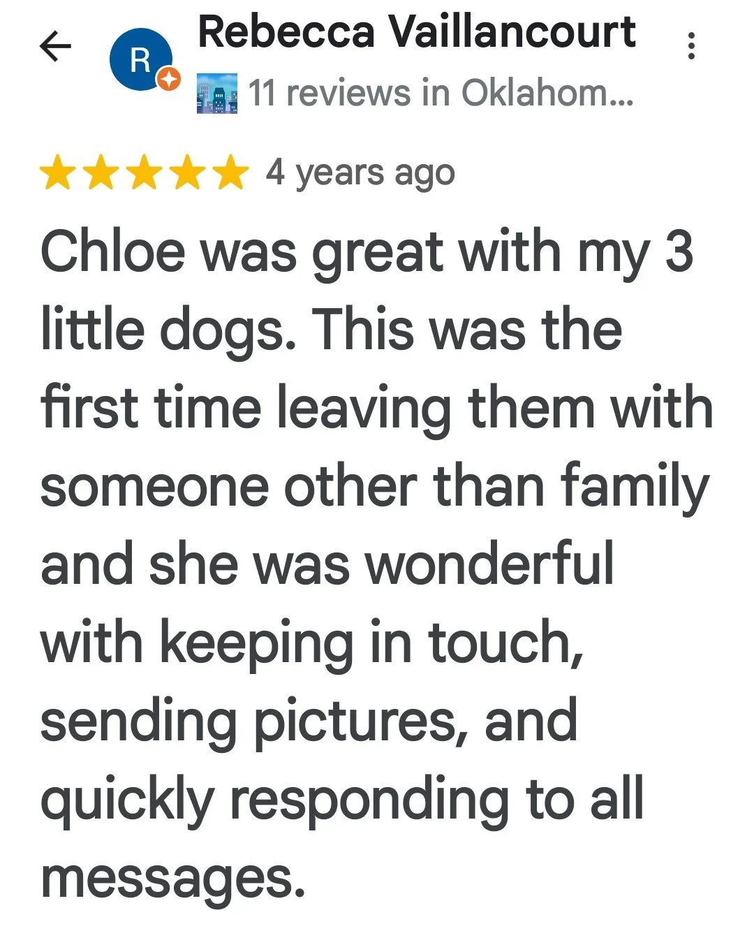 Screenshot of a Google review by Rebecca Vaillancourt, praising Chloe for good pet sitting for her three dogs, with a five-star rating.