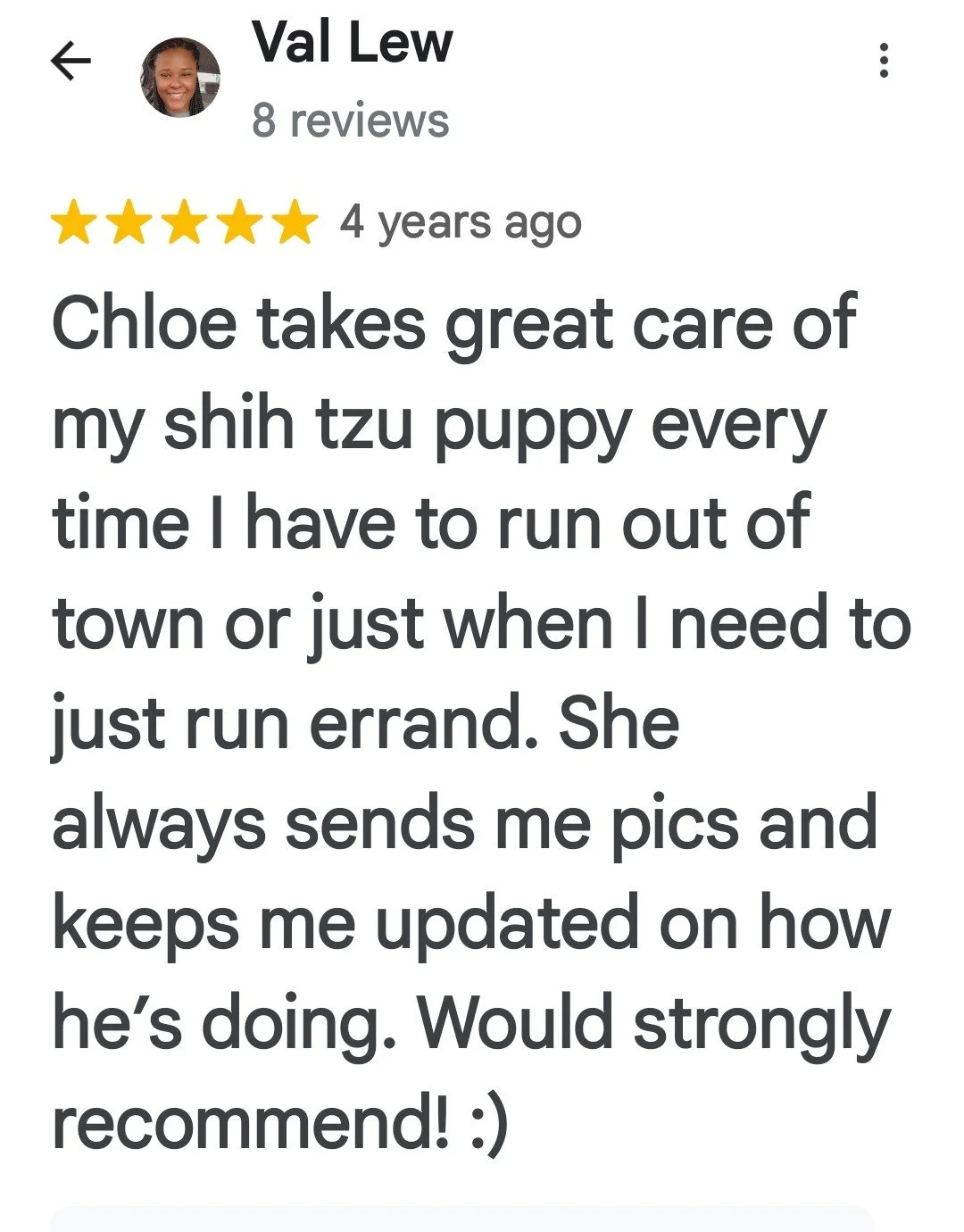 Customer review with profile photo of smiling woman, five-star rating, and text praising Chloe for taking good care of a Shih Tzu puppy and providing updates.