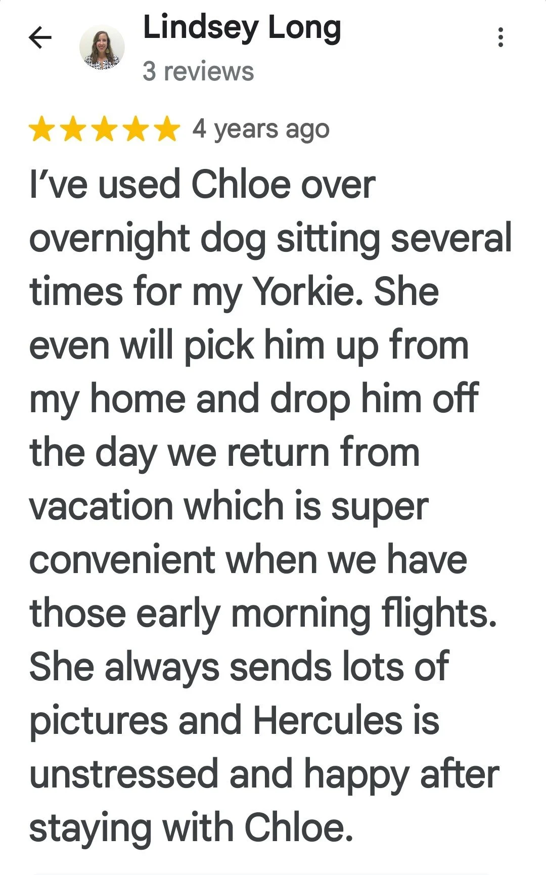 Customer review for Lindsey Long praising Chloe, a dog sitting service, thanking her for taking care of her Yorkie and sharing her positive experience.