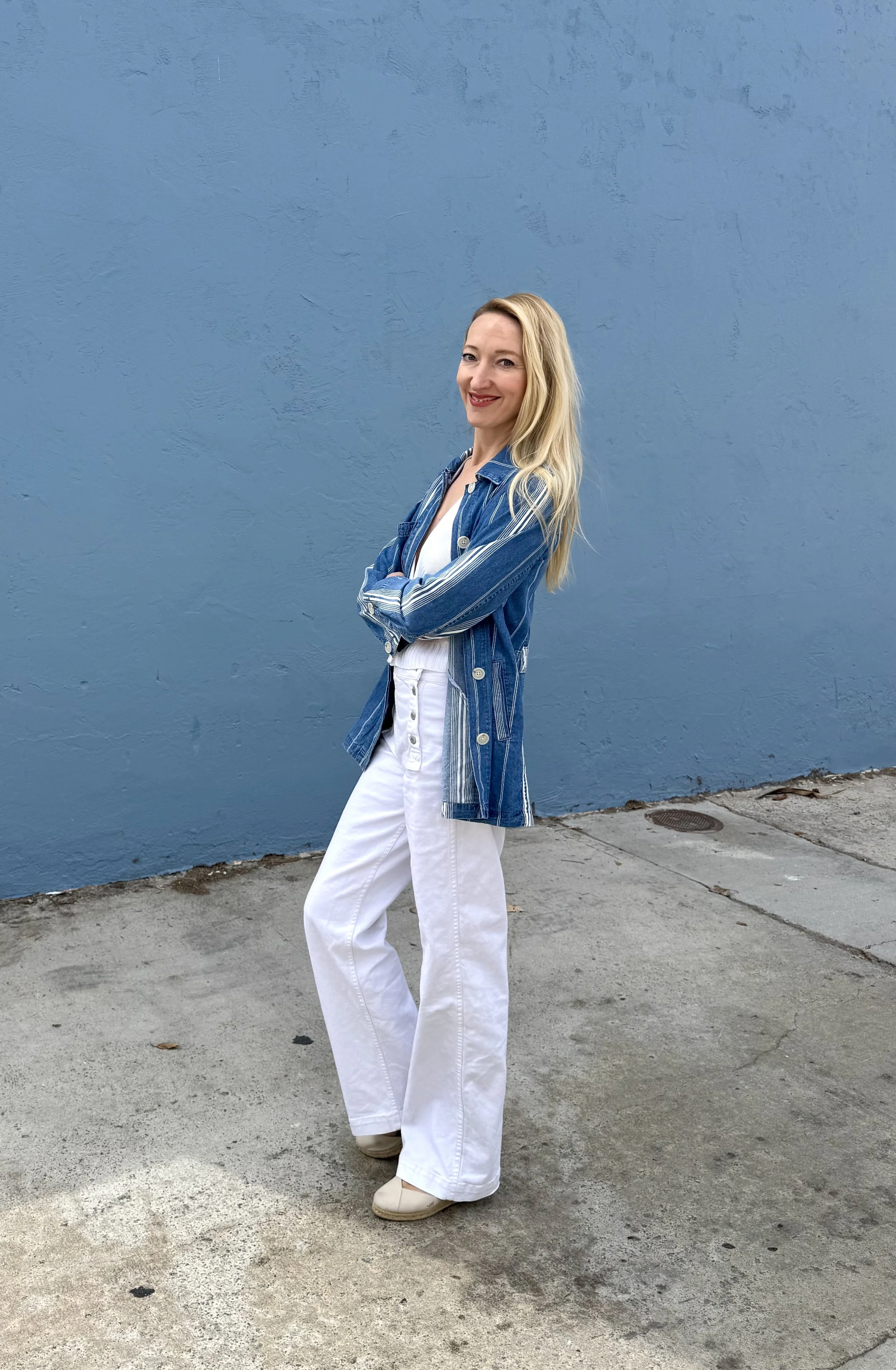 Chambray stripe jacket, white sailor jeans