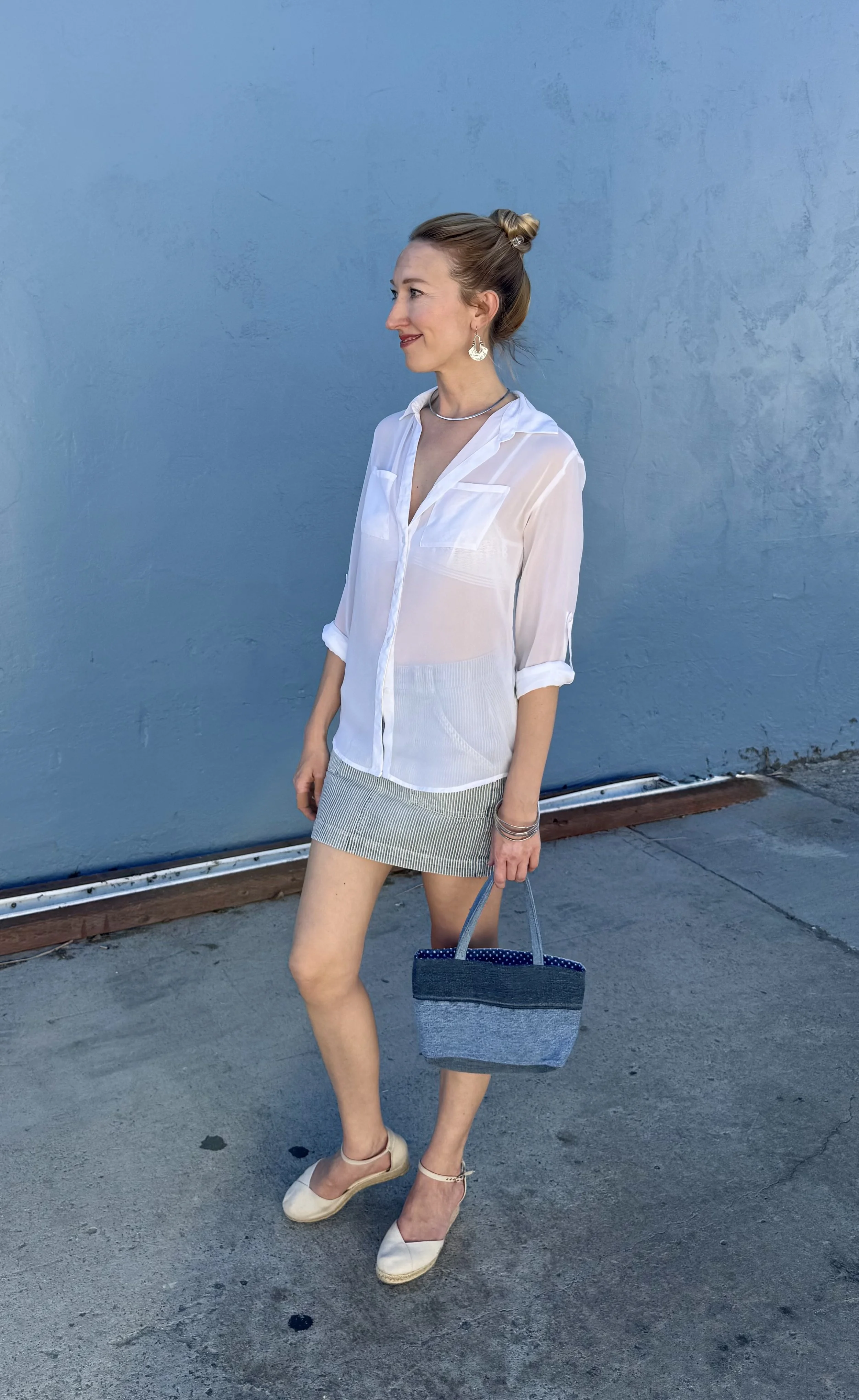 Railroad stripe mini skirt, white sheer blouse