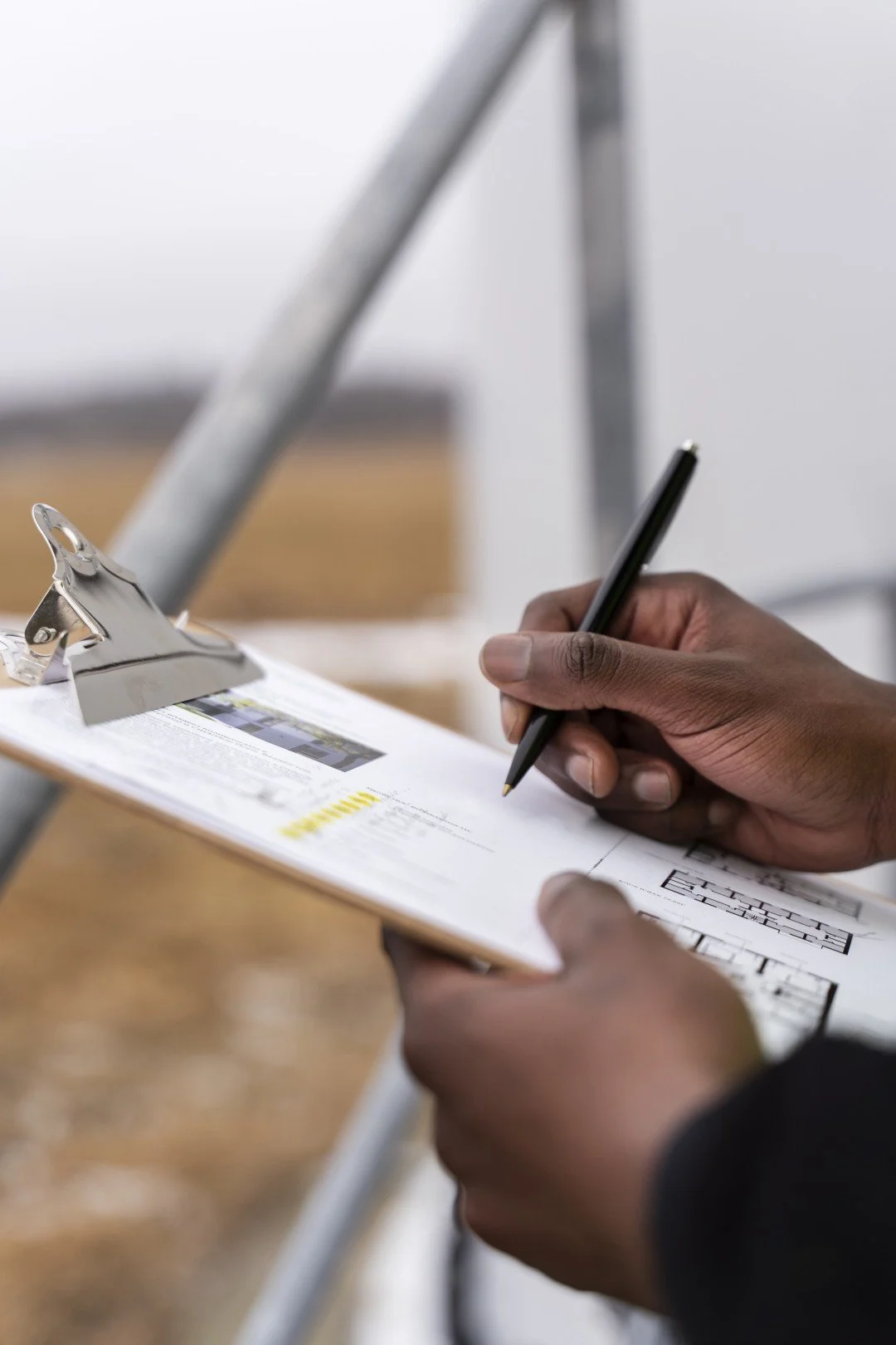 Person holding a clipboard taking notes with a black pen during a hazardous materials test.