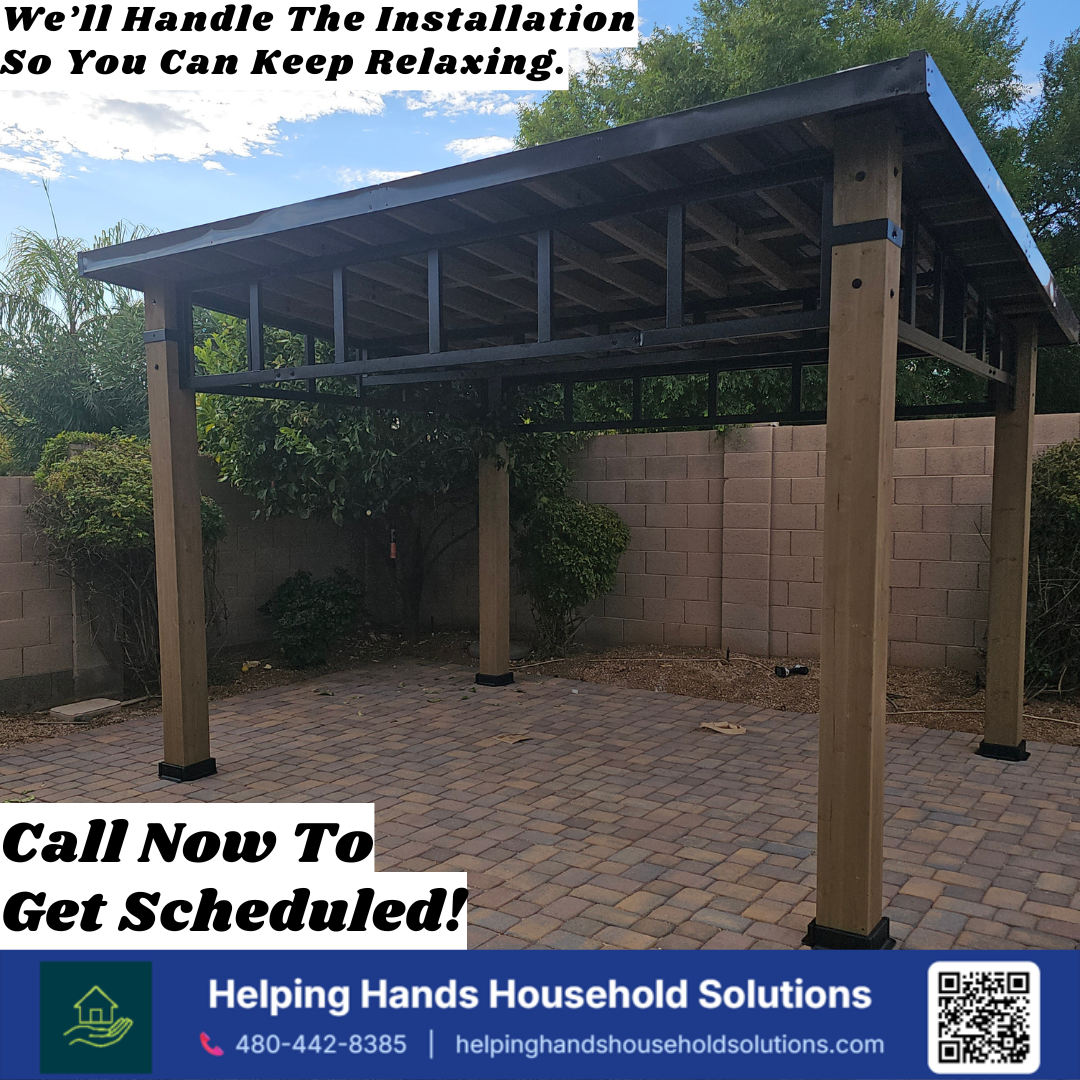 Yardistry Contemporary hardtop gazebo from Costco, installed on a paver patio in Phoenix, AZ by Helping Hands Household Solutions — modern flat-panel roof and wood post design delivering fast, professional backyard shade assembly.