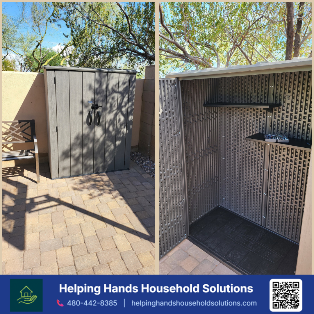 Compact resin storage shed with vertical double doors tucked into a side-yard nook, installed on a paver patio in Phoenix, AZ by Helping Hands Household Solutions — interior view reveals a textured woven-panel lining, showcasing a space-saving storag