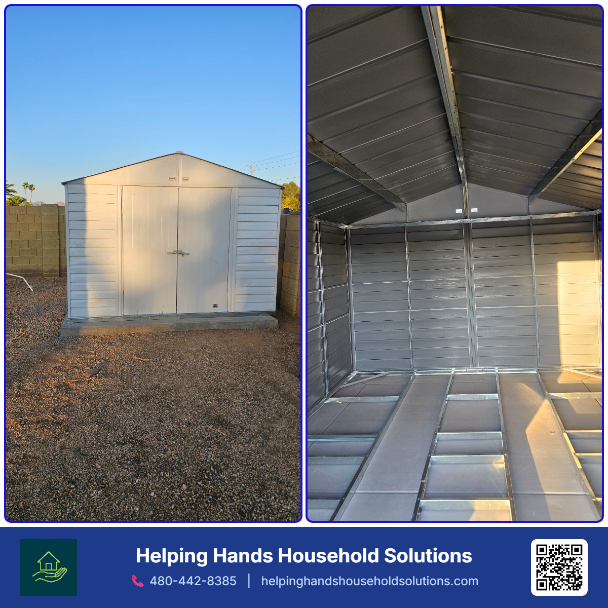 Metal storage shed installation on a graded dirt lot in Phoenix, AZ by Helping Hands Household Solutions — exterior and interior view showing the galvanized steel frame, gabled roof, and double-door entry of a newly assembled backyard shed.