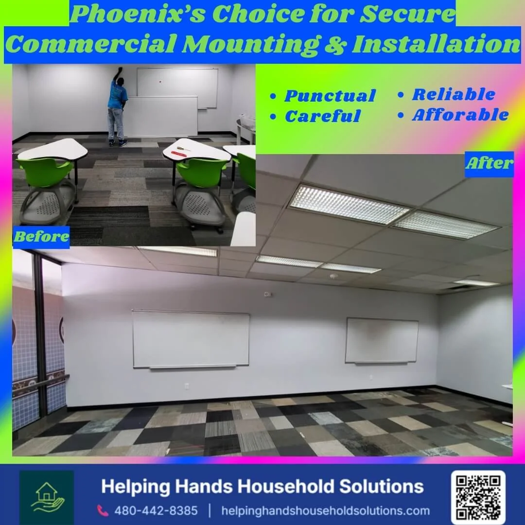 Commercial Office Installation Service - Whiteboards, Signage & Displays: 

Clean, professional setups for local businesses, boardrooms, & home offices. Expert mounting for large whiteboards, bulletin boards, display cases, credentials and branding s