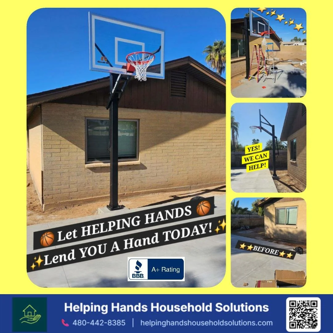 In-ground basketball goal installation on a concrete pad beside a Phoenix, AZ home by Helping Hands Household Solutions — before-and-after collage showing the hoop set, leveled, and anchored for reliable backyard play.