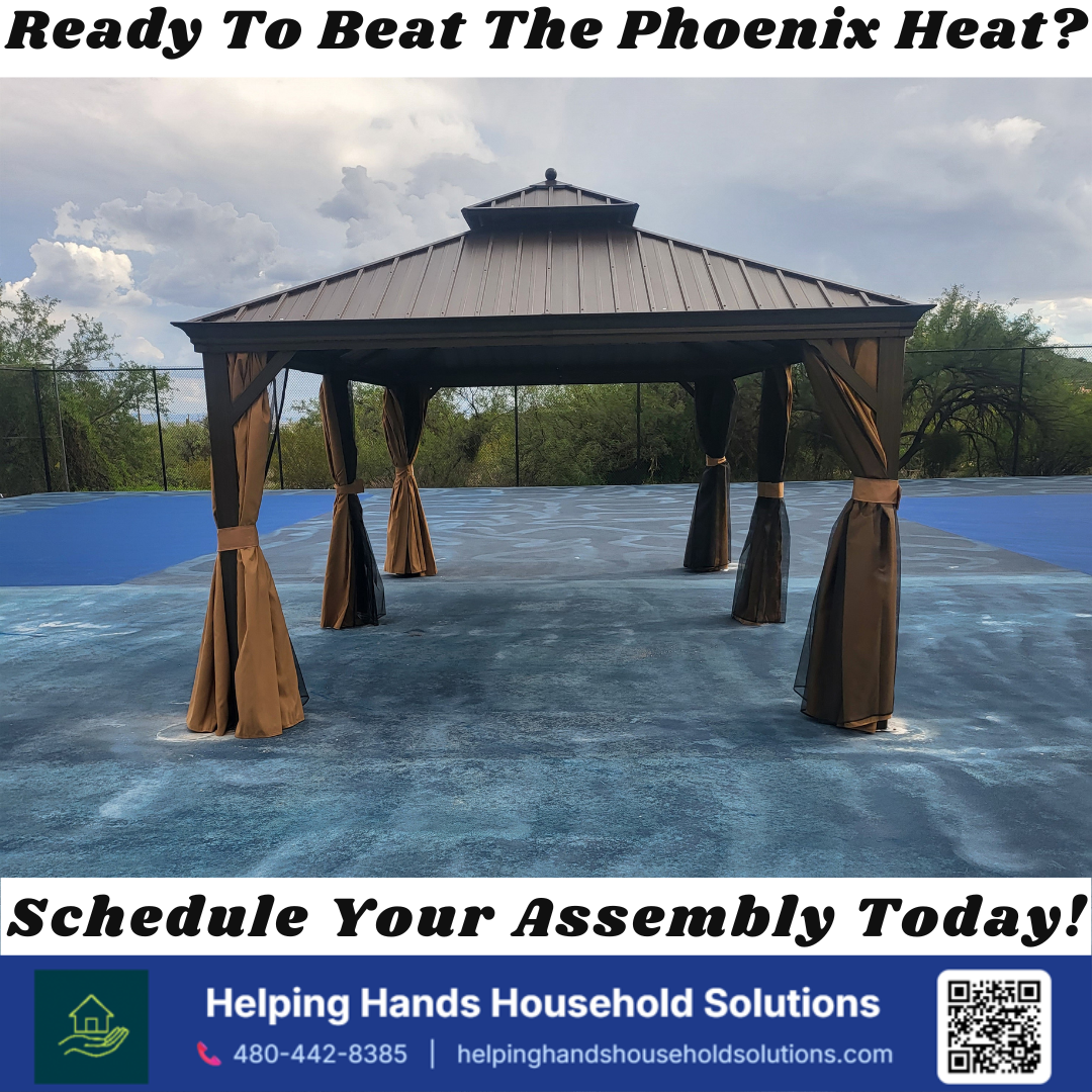 Hardtop gazebo with draped curtain panels installed on an outdoor court at a medical facility in Phoenix, AZ by Helping Hands Household Solutions — durable shade structure built to handle the desert heat for patients and staff.