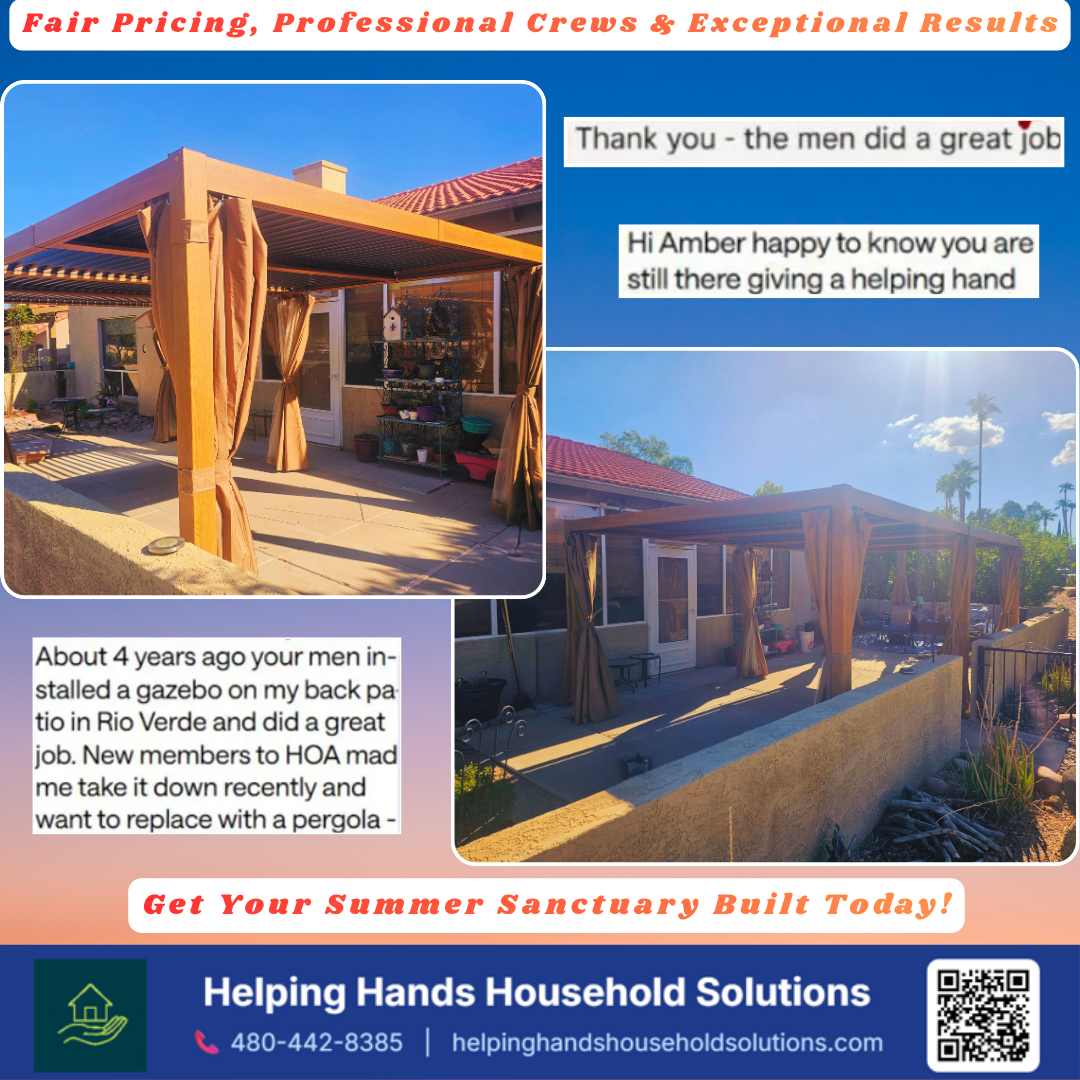 5-star repeat customer review for Rio Verde patio pergola installation by Helping Hands Household Solutions. Highlighting 4+ years of long-term client trust and custom HOA-compliant pergola assembly in Rio Verde, AZ.