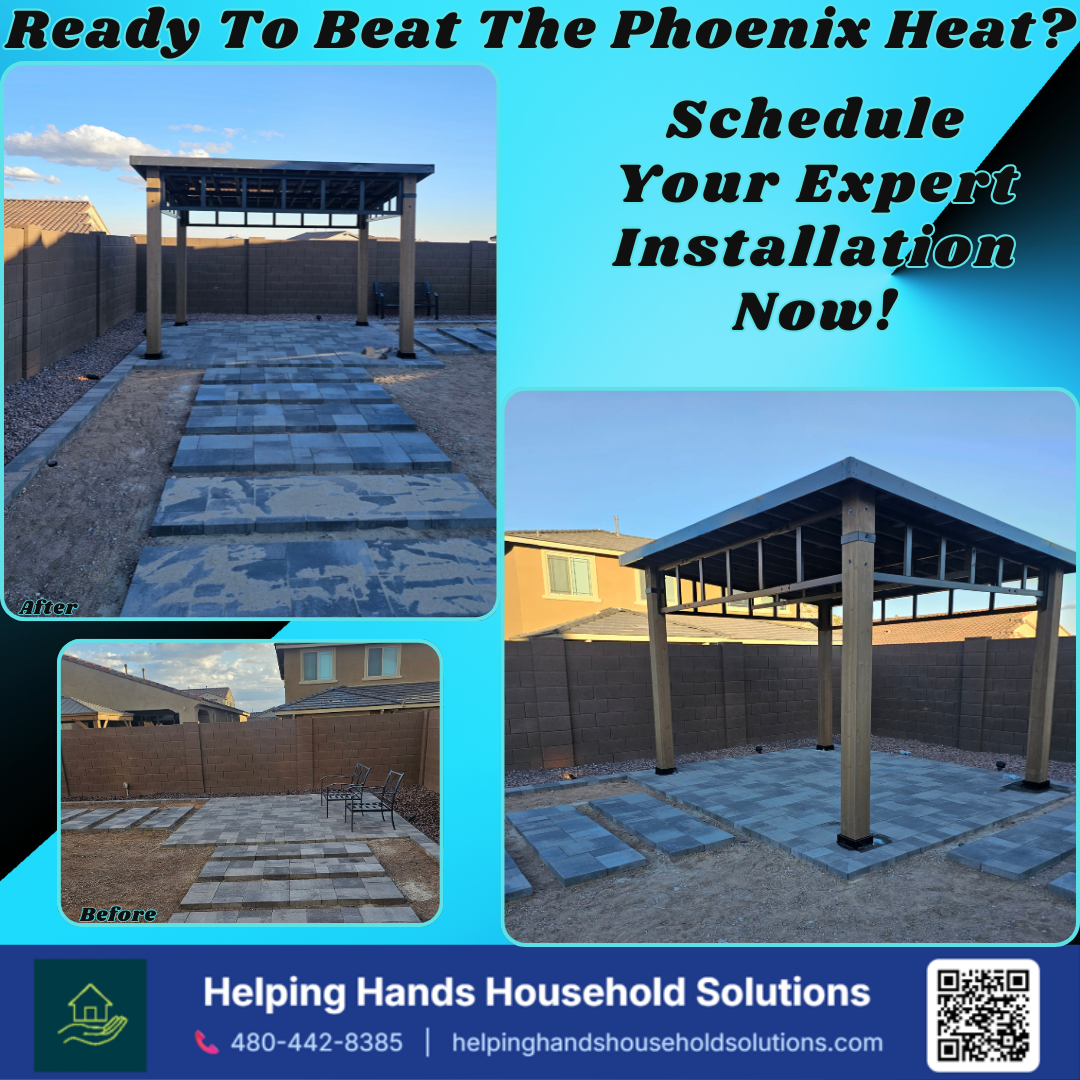 Before-and-after gazebo installation over a flagstone paver walkway/patio in Phoenix, AZ by Helping Hands Household Solutions — transforming bare desert dirt into a shaded, hardscaped outdoor pathway with a black-roofed post structure.
