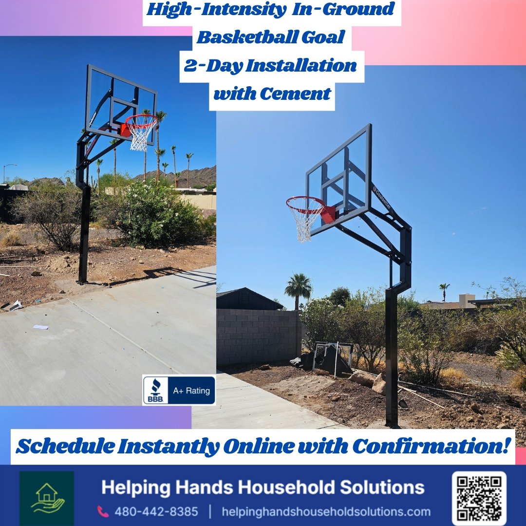 High-intensity in-ground basketball goal installation on a new concrete pad in a Phoenix, AZ backyard by Helping Hands Household Solutions — two-day cement anchoring process for a permanent, professional-grade hoop setup, backed by our BBB A+ rating.