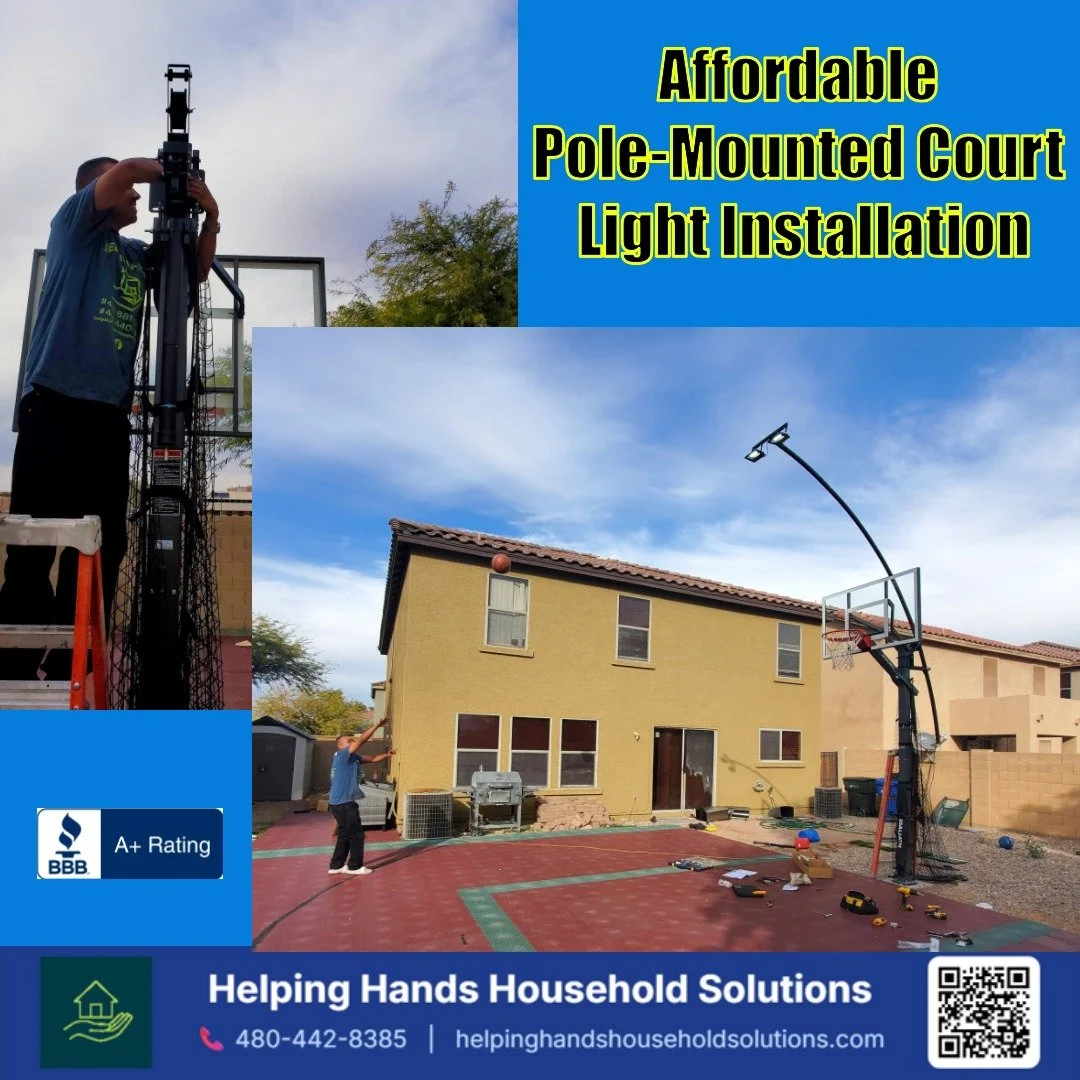 Pole-mounted court light installation for a residential basketball goal in Phoenix, AZ by Helping Hands Household Solutions — an affordable nighttime lighting upgrade for backyard sports courts.