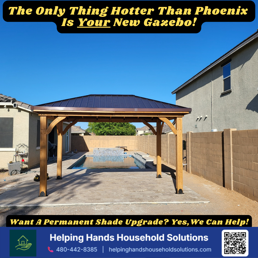 Backyard Discovery hardtop gazebo installed poolside on a paver patio in Phoenix, AZ by Helping Hands Household Solutions — solid wood-frame construction with a dark composite roof delivering permanent shade for backyard pool entertaining.