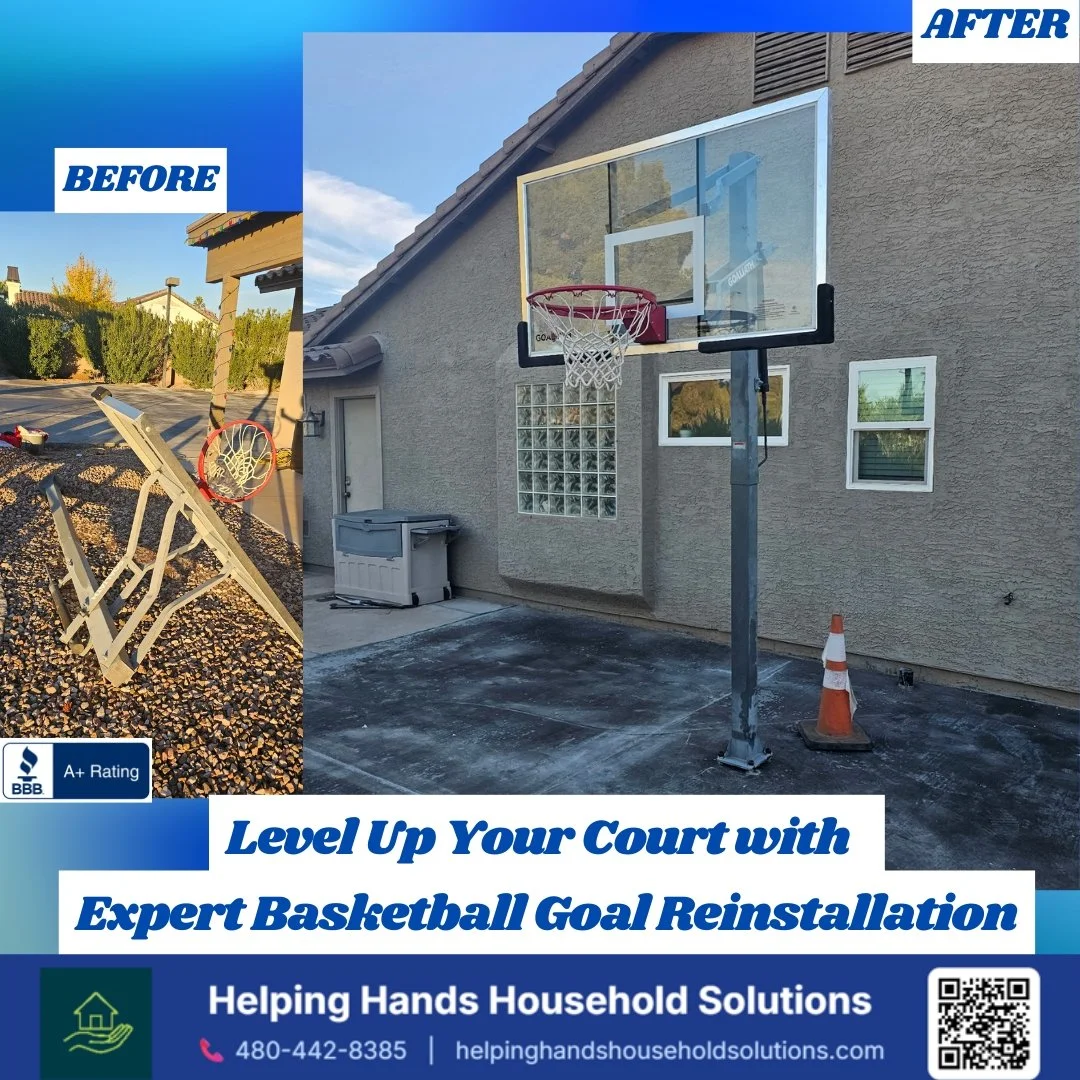 In-ground basketball goal reinstallation onto a newly poured concrete slab in Phoenix, AZ by Helping Hands Household Solutions — before-and-after shows the hoop being expertly reset and leveled after the homeowner's concrete replacement.