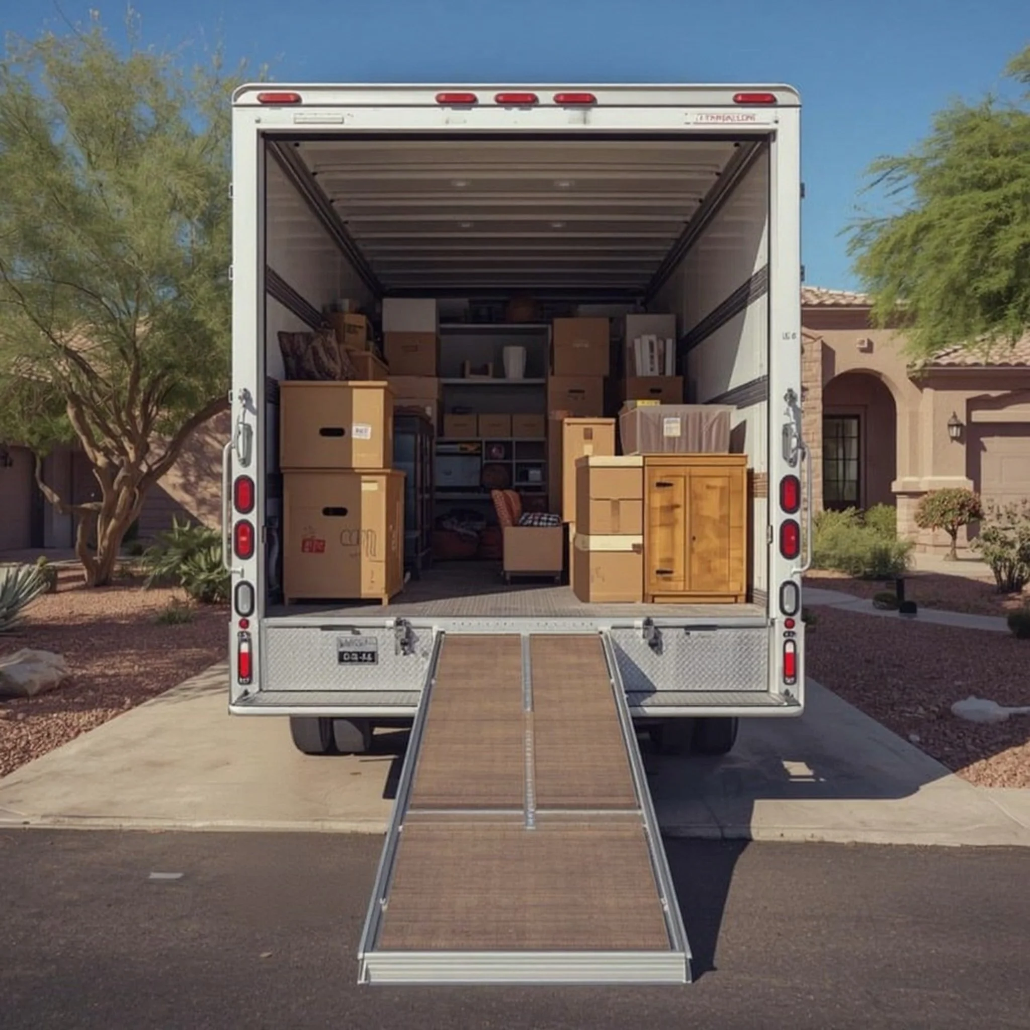 movers loading boxes and moving a couch onto a truck in Phoenix.
