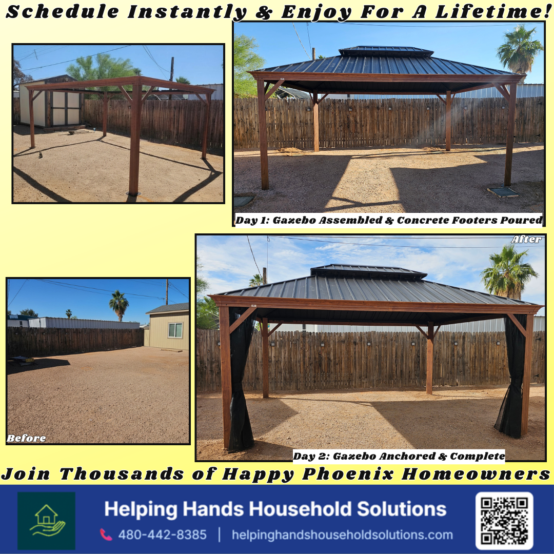 Two-day rectangular hardtop gazebo installation with a black metal hip roof and curtain drapes, built on concrete footers over a bare desert dirt lot in Phoenix, AZ by Helping Hands Household Solutions — showing the full process from footer pouring o
