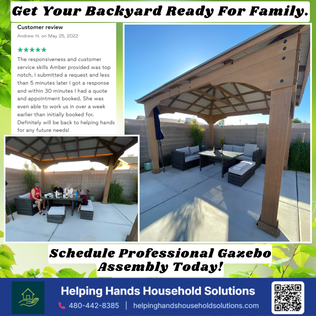 Wood-look aluminum gazebo with a slatted roof installed on a concrete patio in Phoenix, AZ by Helping Hands Household Solutions, shading a family outdoor seating area — backed by a 5-star review praising Amber's fast quote turnaround and flexible ear