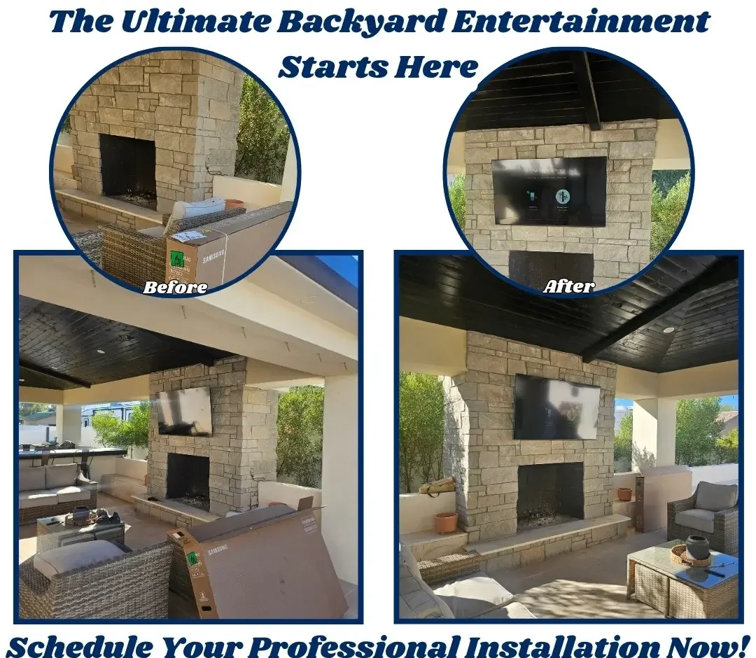 Helping Hands Household Solutions provides professional Samsung outdoor TV mounting on a stone fireplace for a luxury backyard entertainment setup in North Scottsdale.