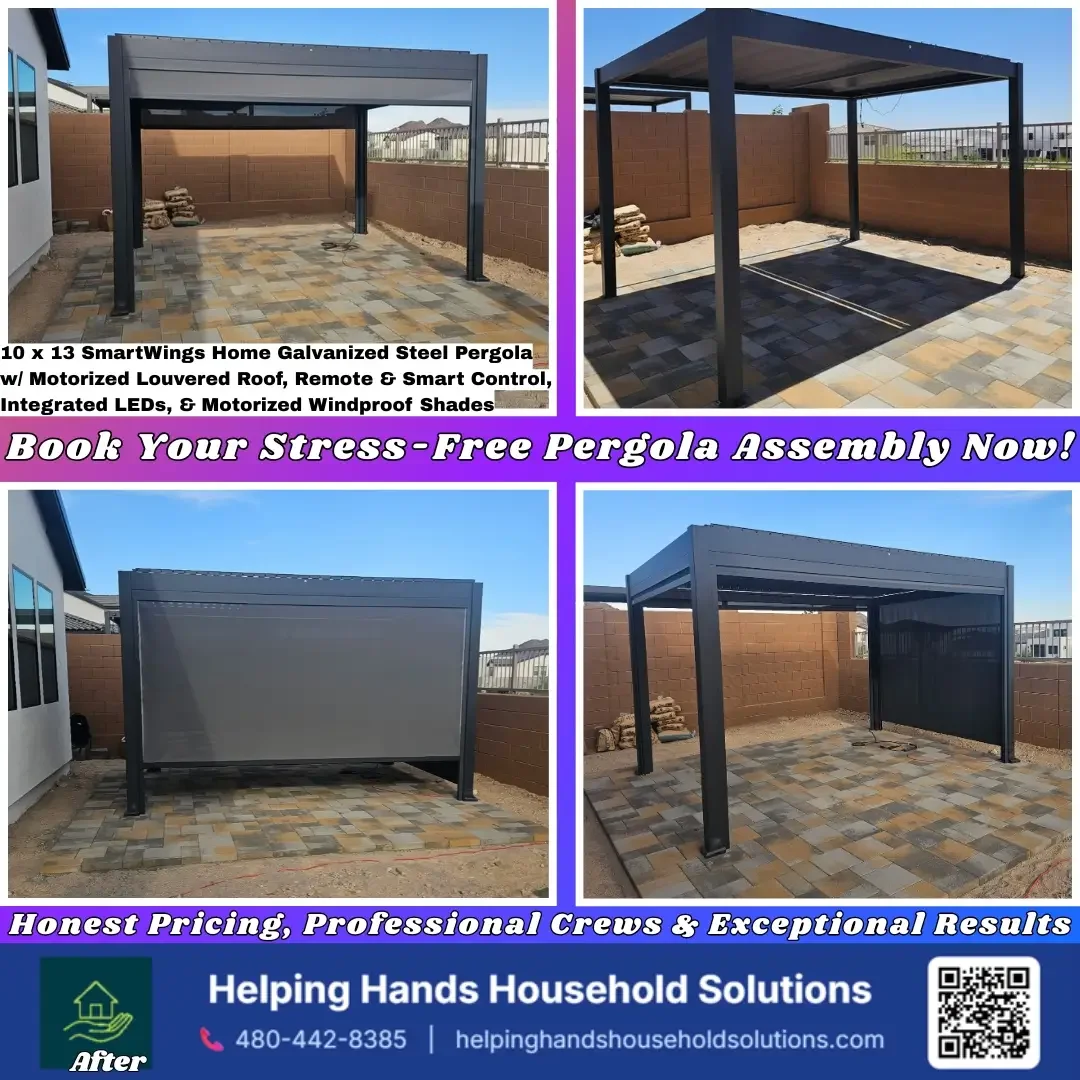 SmartWings Flexar Q3 Motorized Pergola assembly in Peoria, AZ, . Professional louvered patio structure installation by Helping Hands.