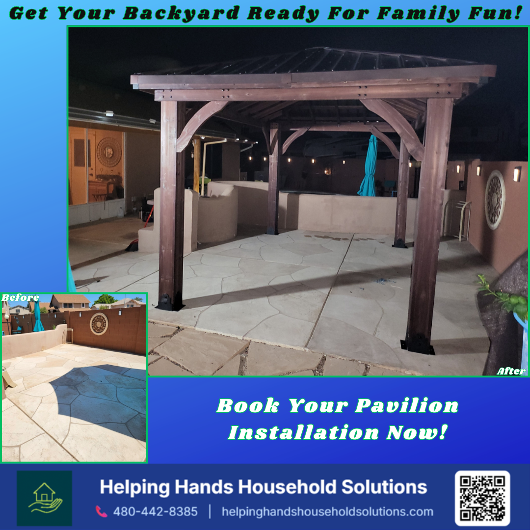 Before-and-after wood post-and-beam pavilion installation on a stamped concrete patio in Phoenix, AZ by Helping Hands Household Solutions, captured at night with string lighting. The open-post structure with a solid pitched roof transforms a bare stu