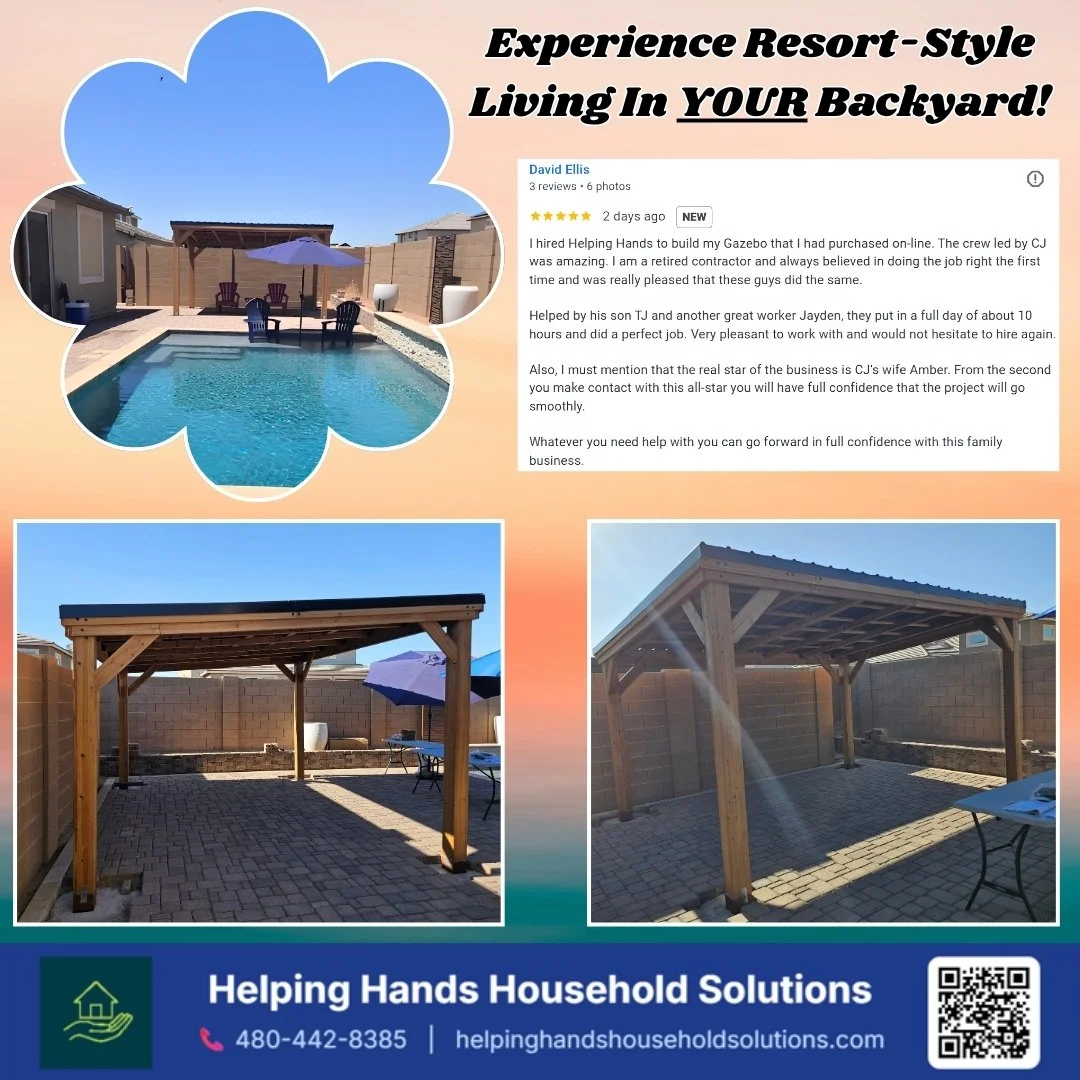 Custom timber-frame hardtop gazebo installed poolside in Phoenix, AZ by Helping Hands Household Solutions, backed by a 5-star review from a retired contractor praising the family-run crew's full-day, professional installation and craftsmanship.